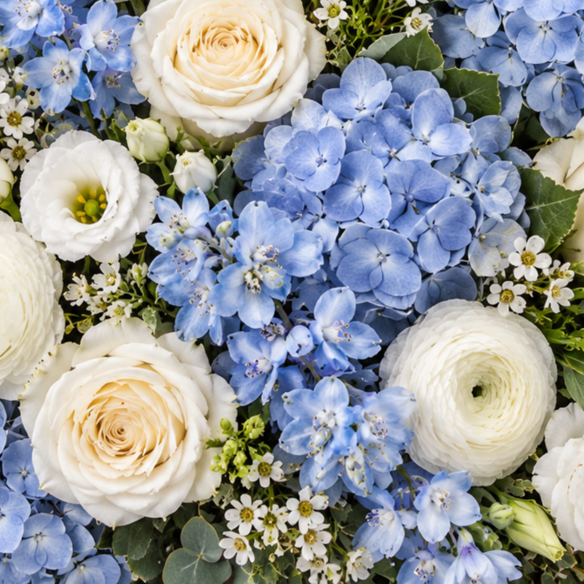 Blue hydrangeas with white roses and ranunculus in a dense bouquet