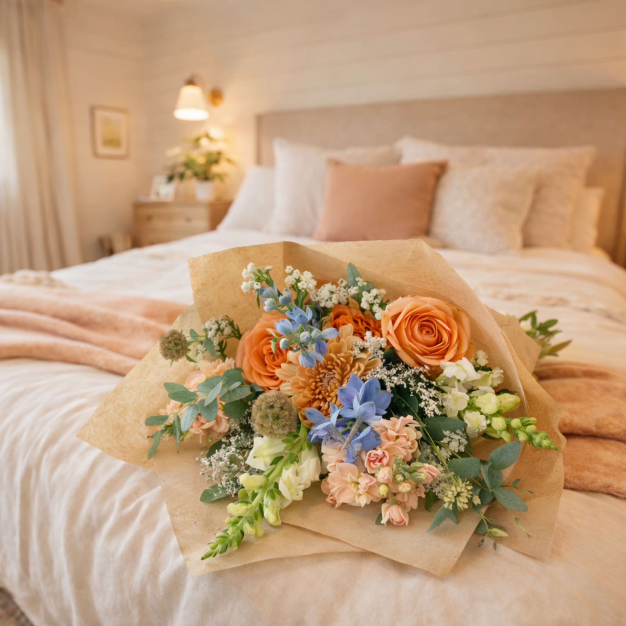 Bouquet of peach, blue, and white flowers wrapped in kraft paper on a bed