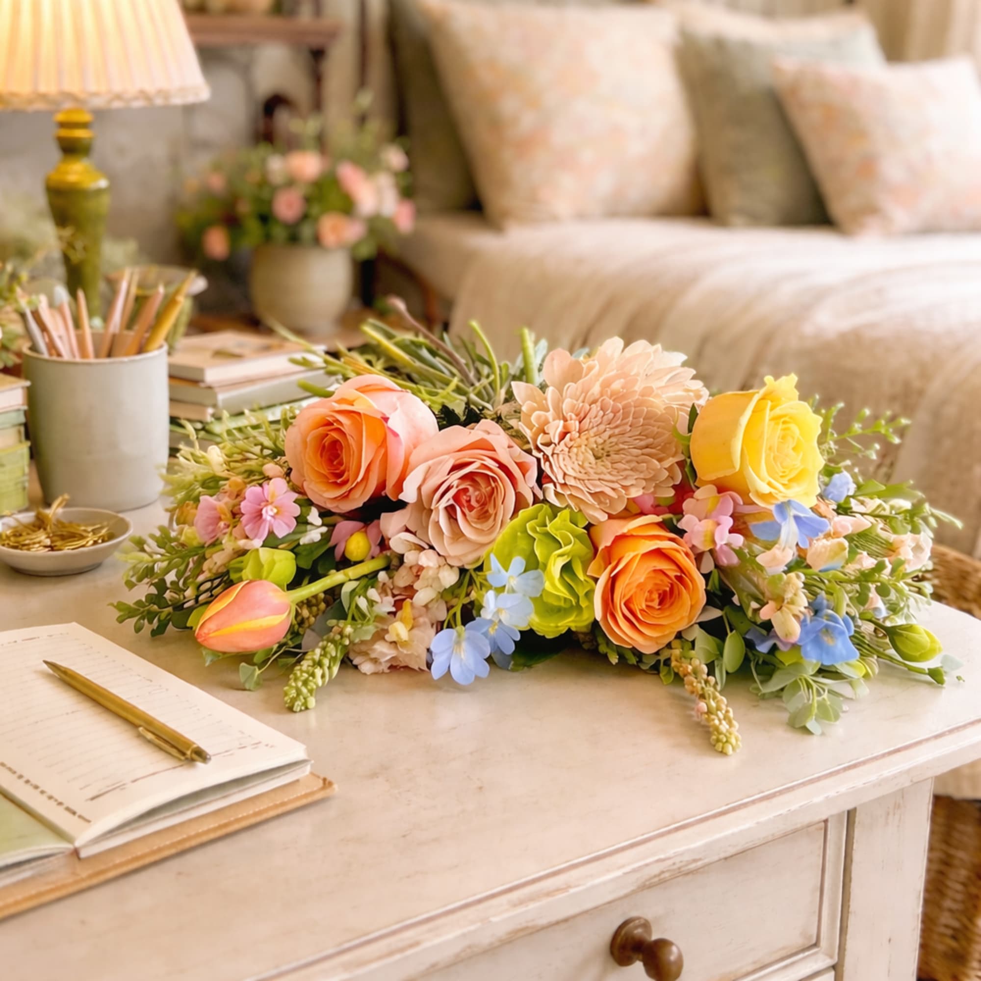Low floral arrangement with roses, a chrysanthemum, and small blue flowers