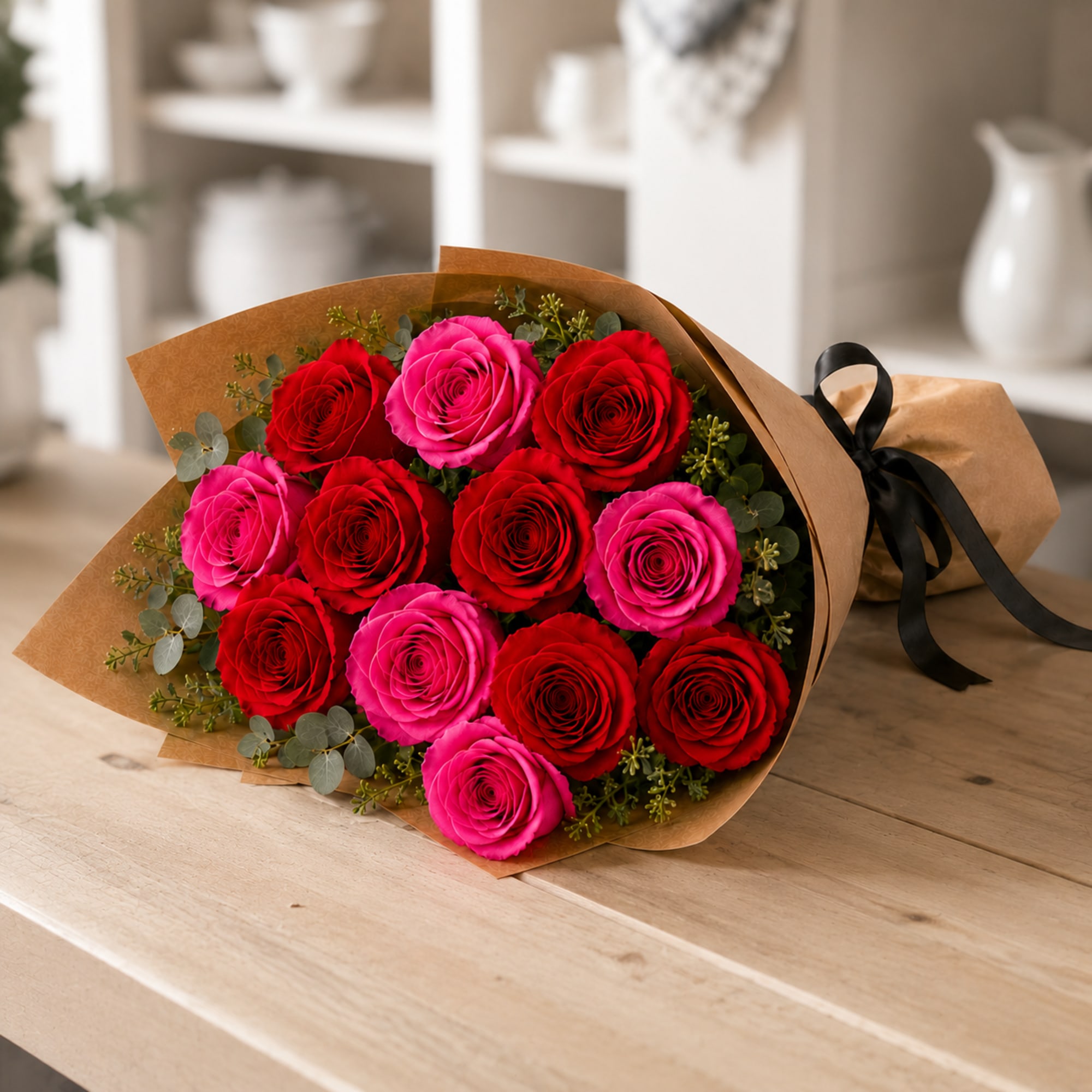 Bouquet of red and pink roses wrapped in brown paper with a black ribbon