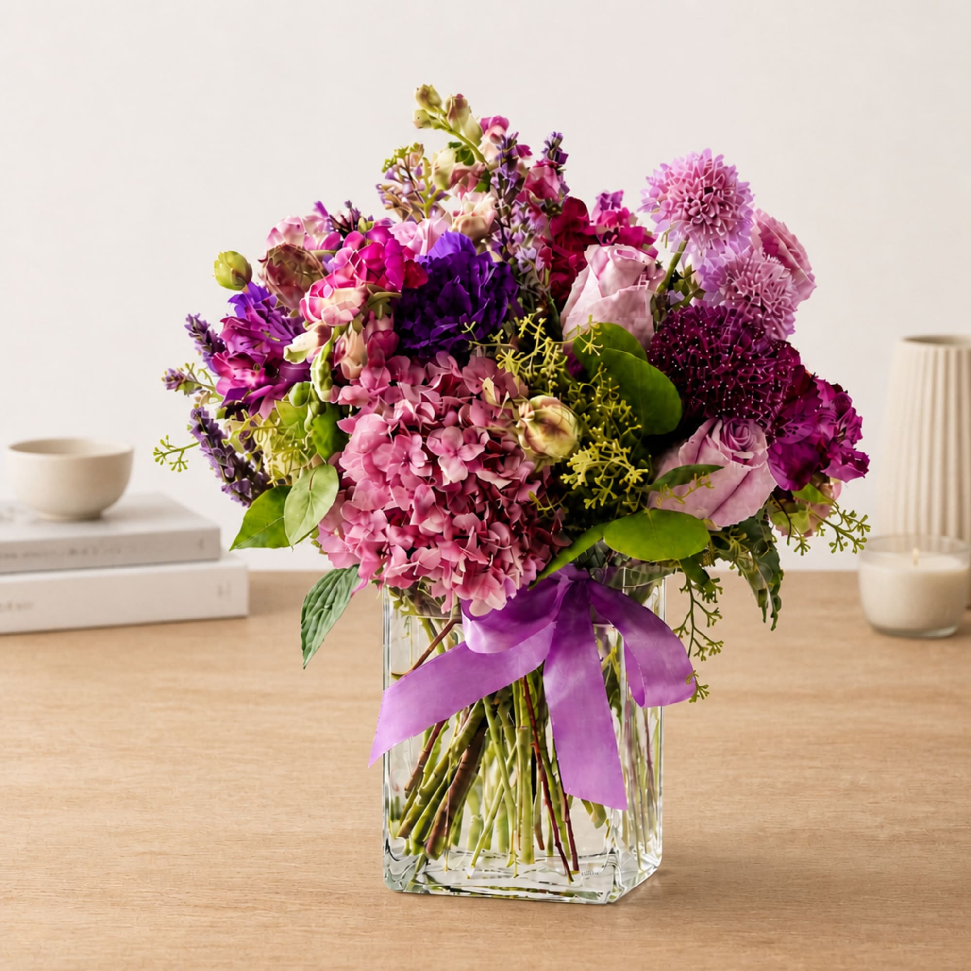 Pink and purple mixed bouquet in a clear glass vase with a purple ribbon
