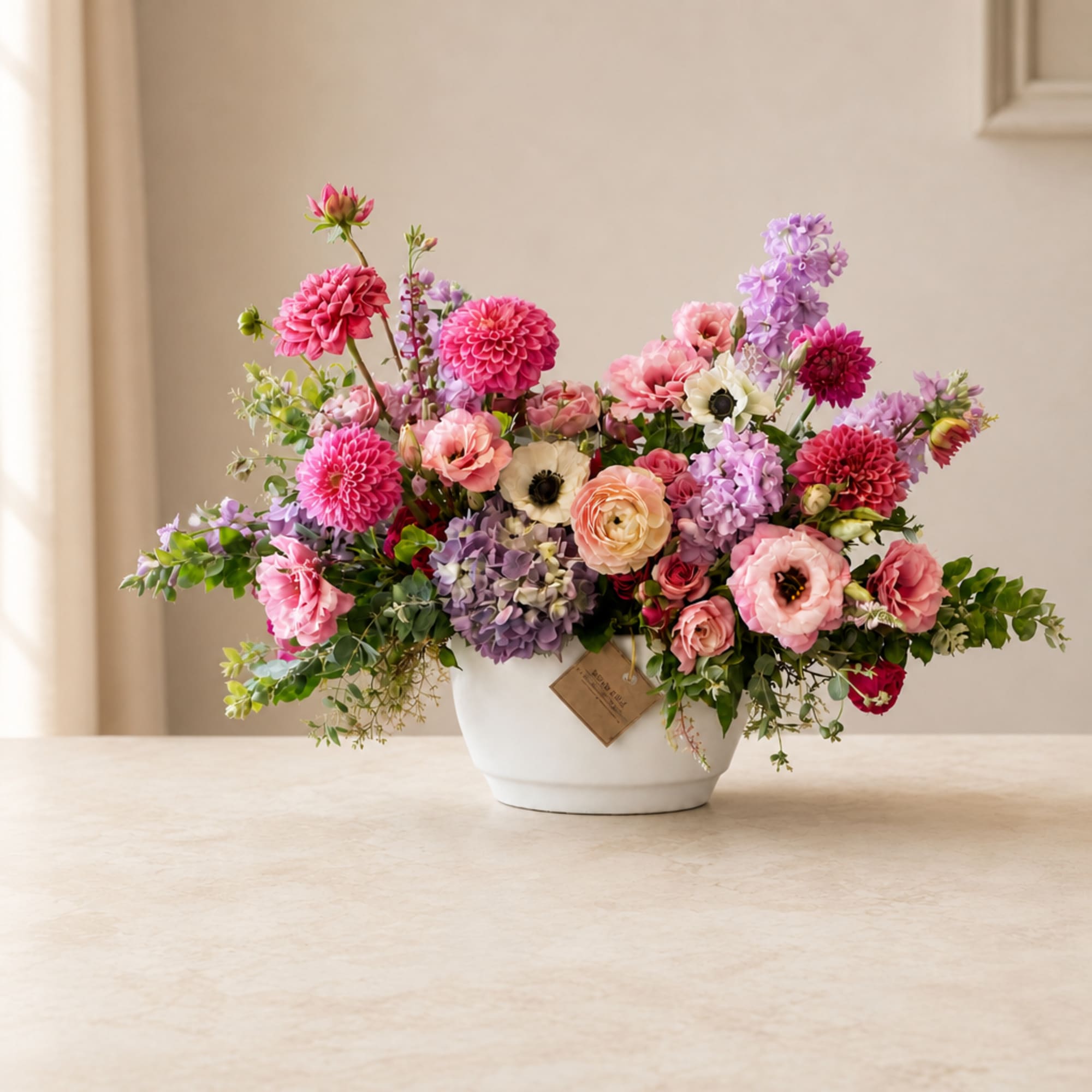 Pink and lavender mixed flowers arranged in a white bowl vase