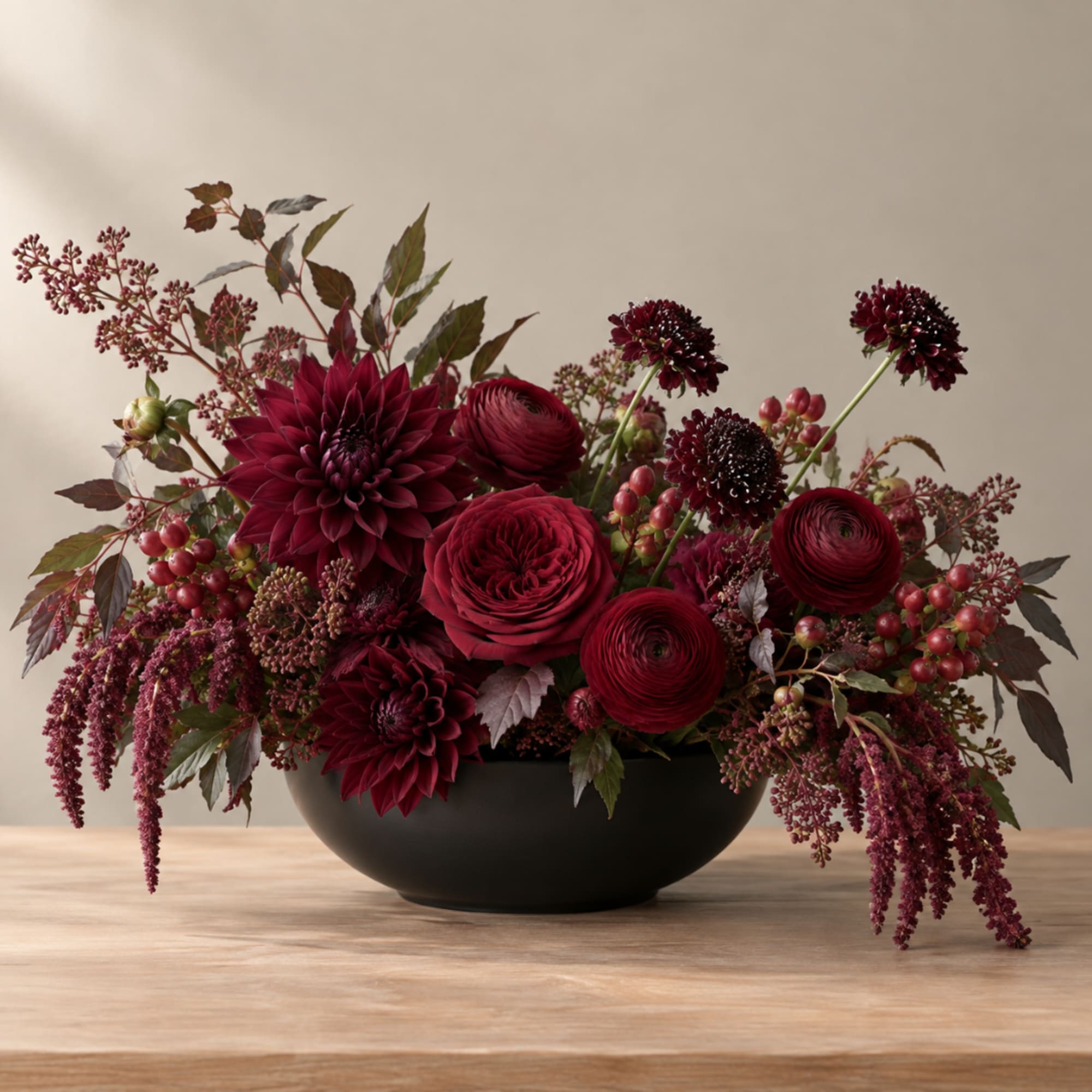Deep burgundy floral arrangement in a black bowl vase, photo 3 of 3