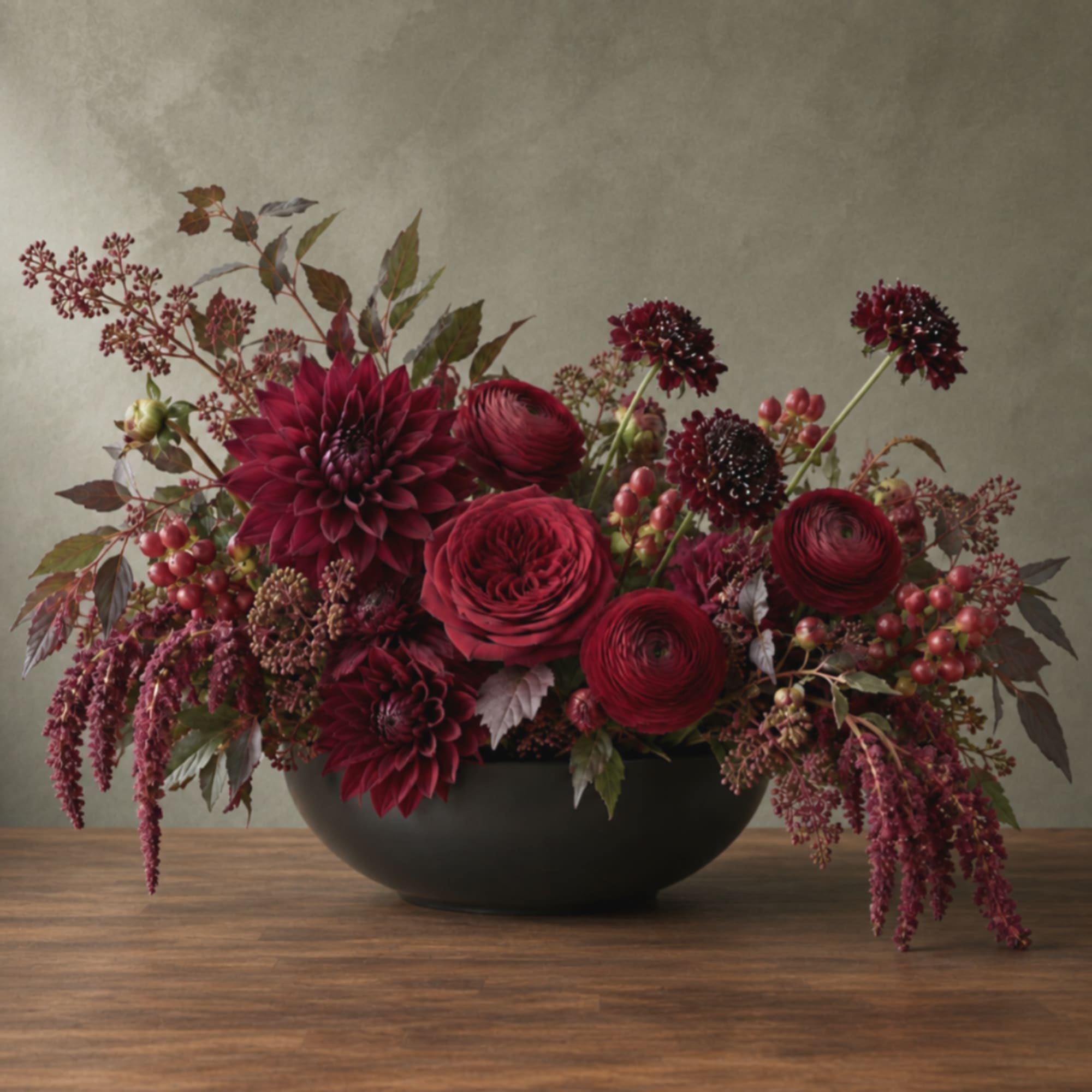 Deep burgundy floral arrangement in a black bowl vase