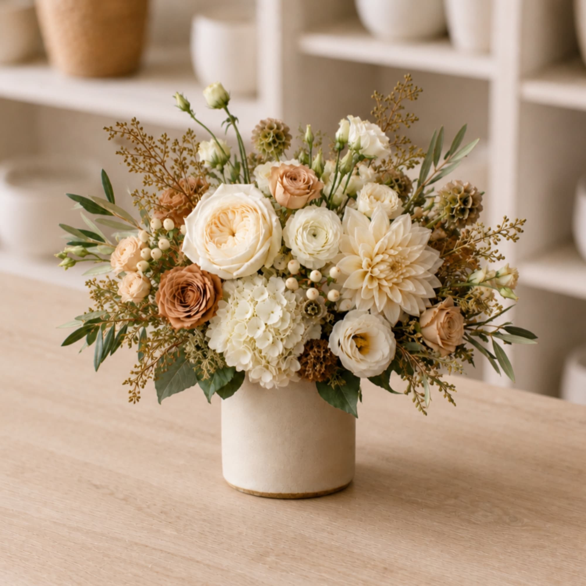 Cream and peach floral arrangement in a beige vase on a table