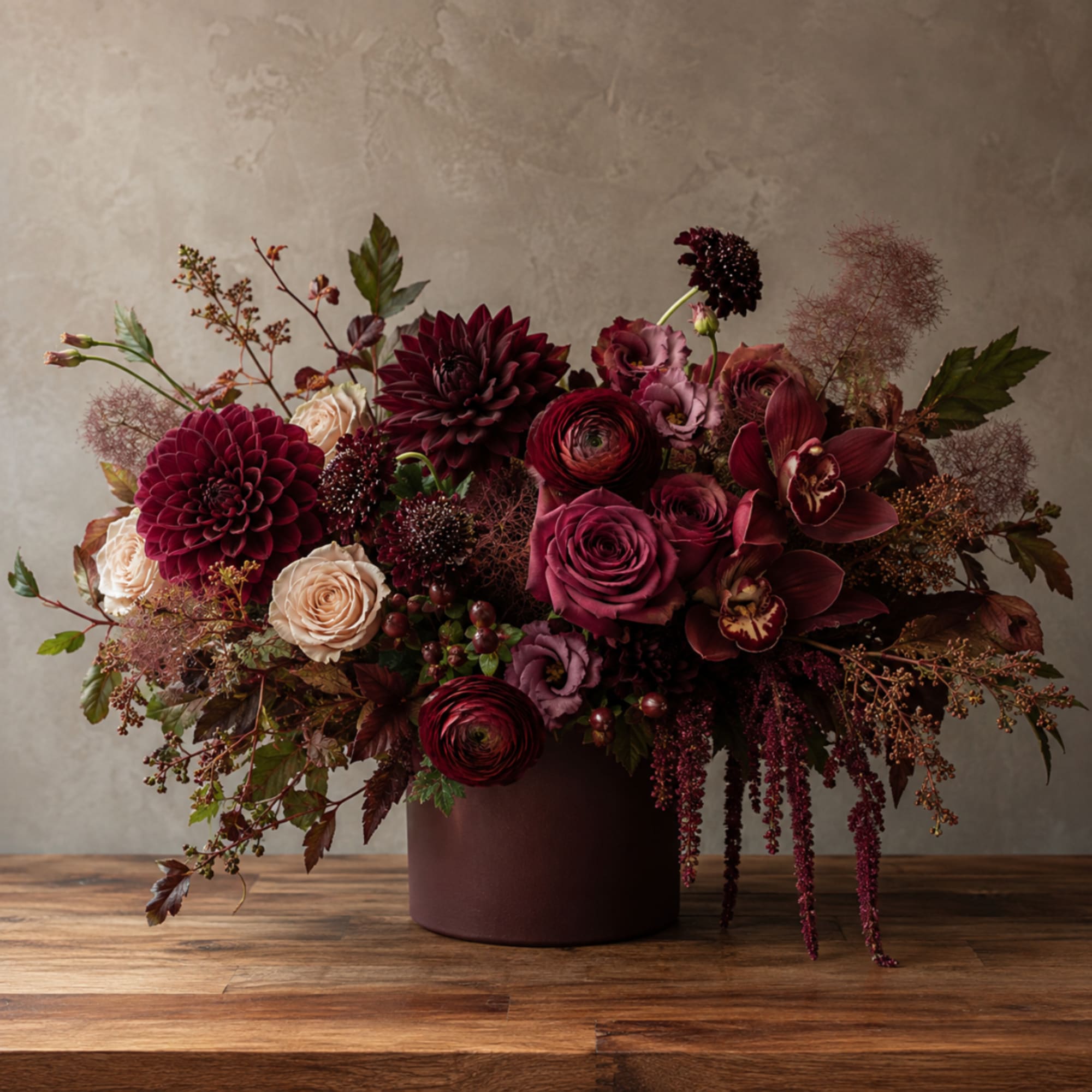 Deep burgundy and blush floral arrangement in a round vase