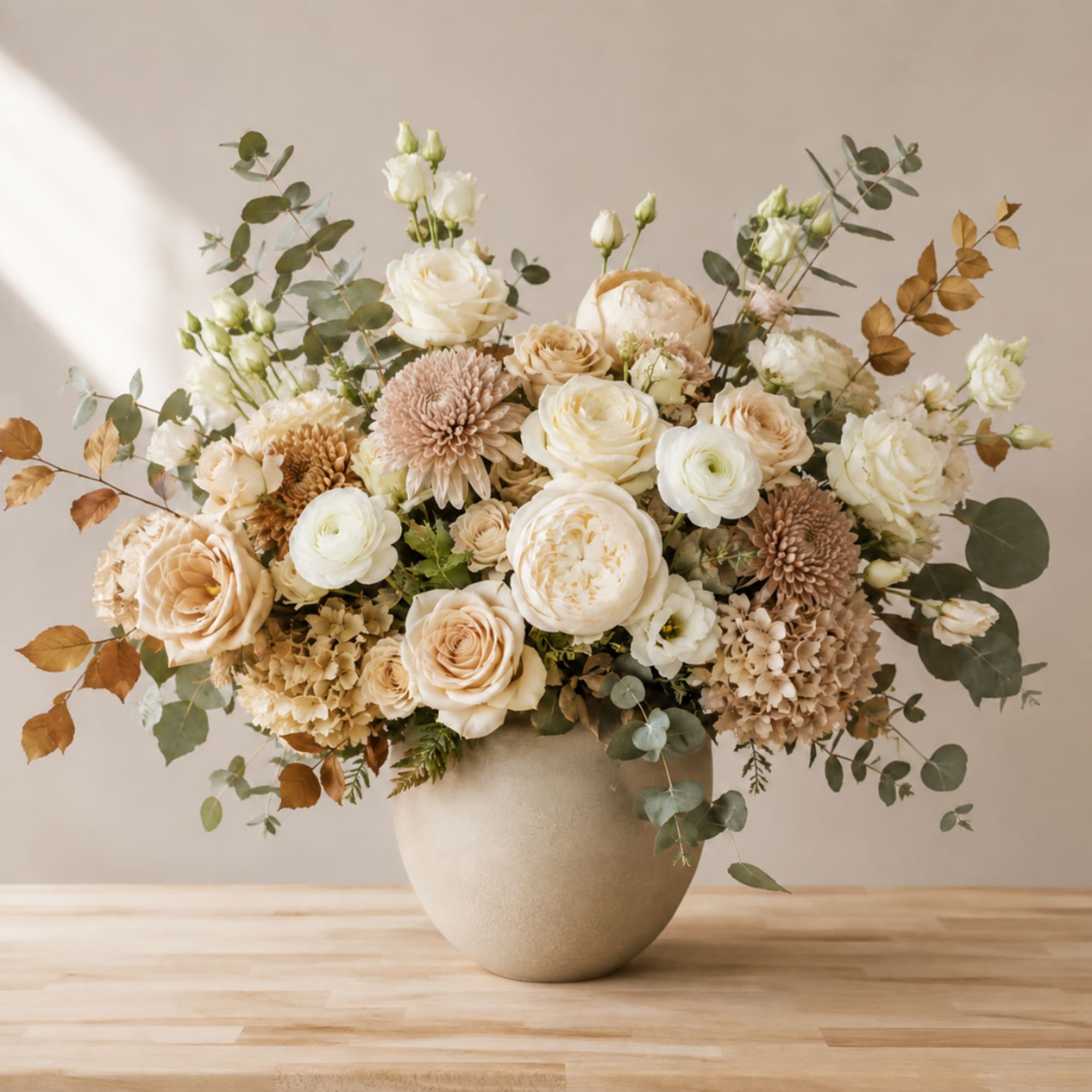 Cream and blush floral arrangement in a beige vase