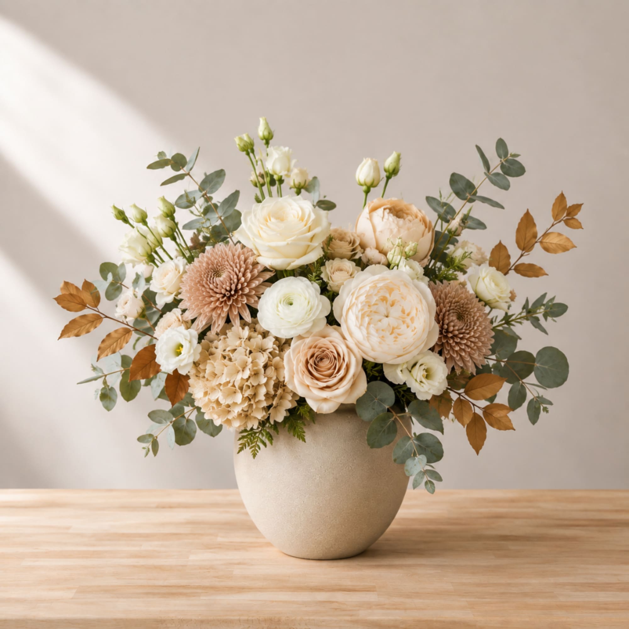 Cream and blush floral arrangement in a round beige vase, photo 3 of 3