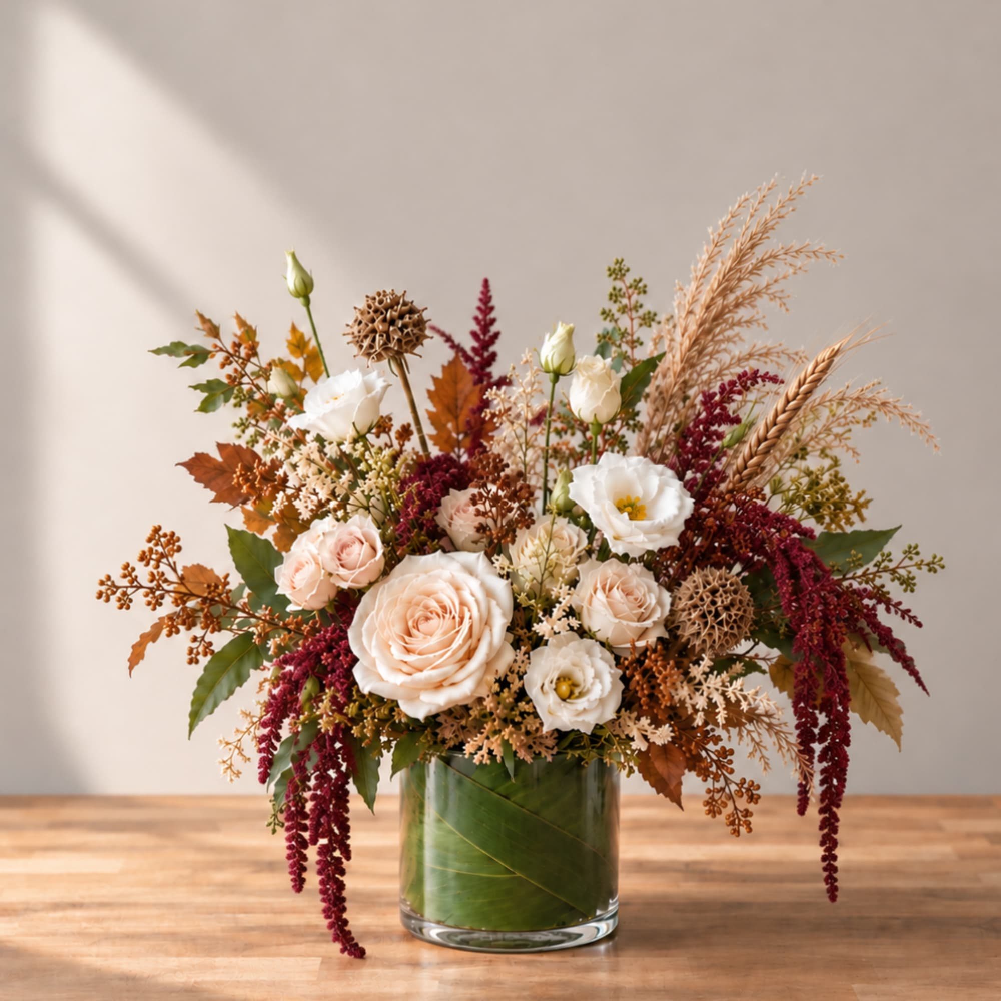 Autumn floral arrangement in a glass vase with cream and blush blooms