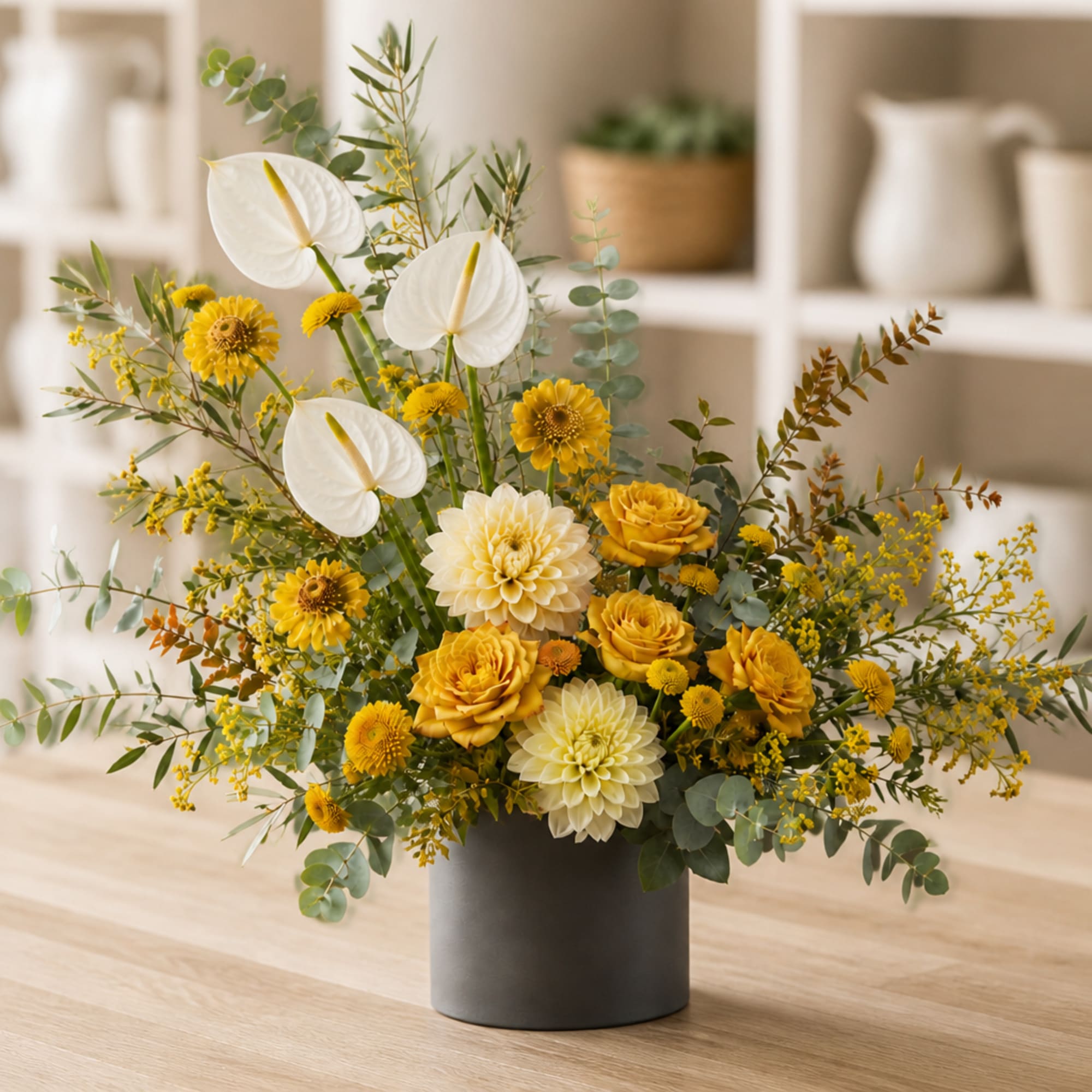 Yellow and white floral arrangement in a dark vase