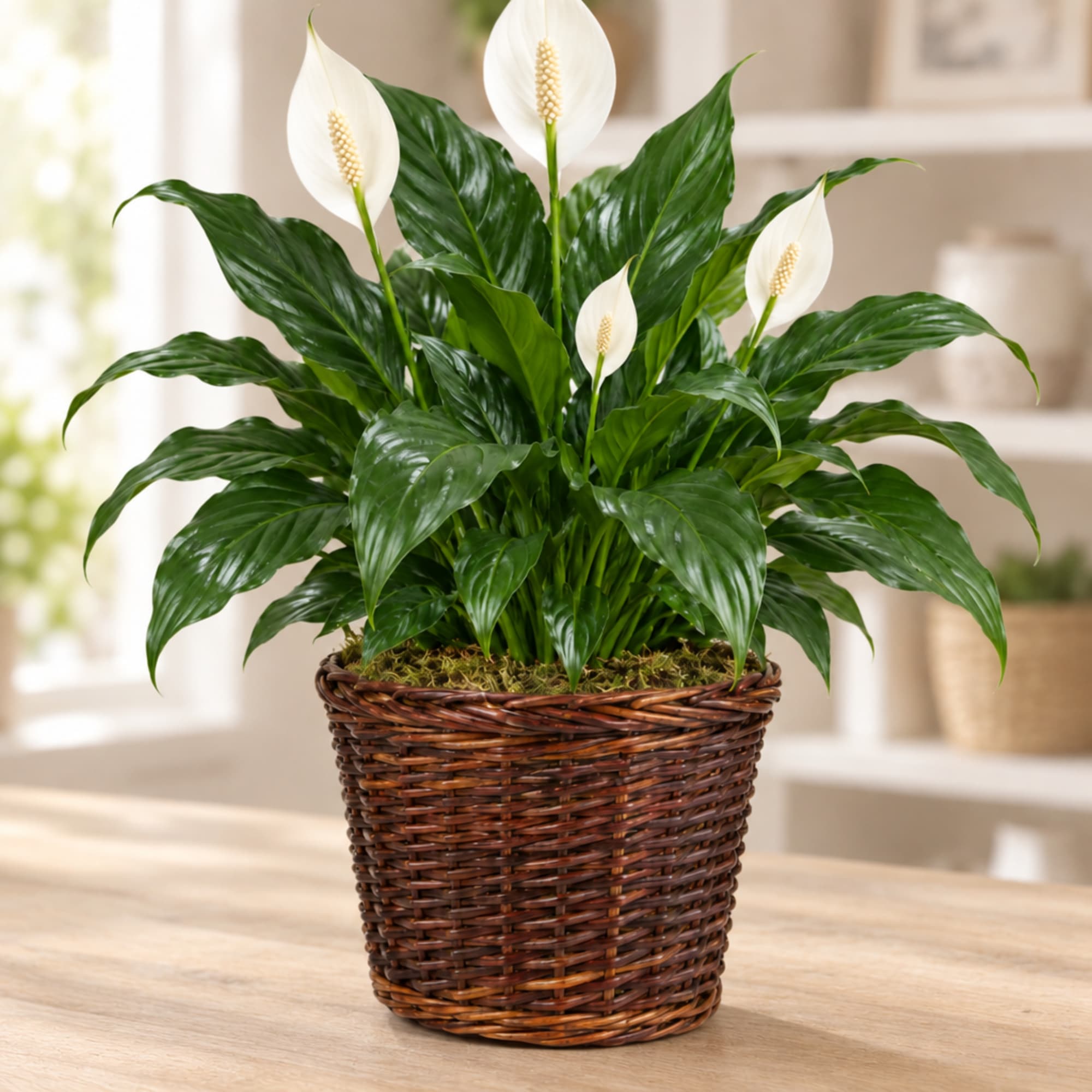 Potted peace lily with white blooms in a woven basket