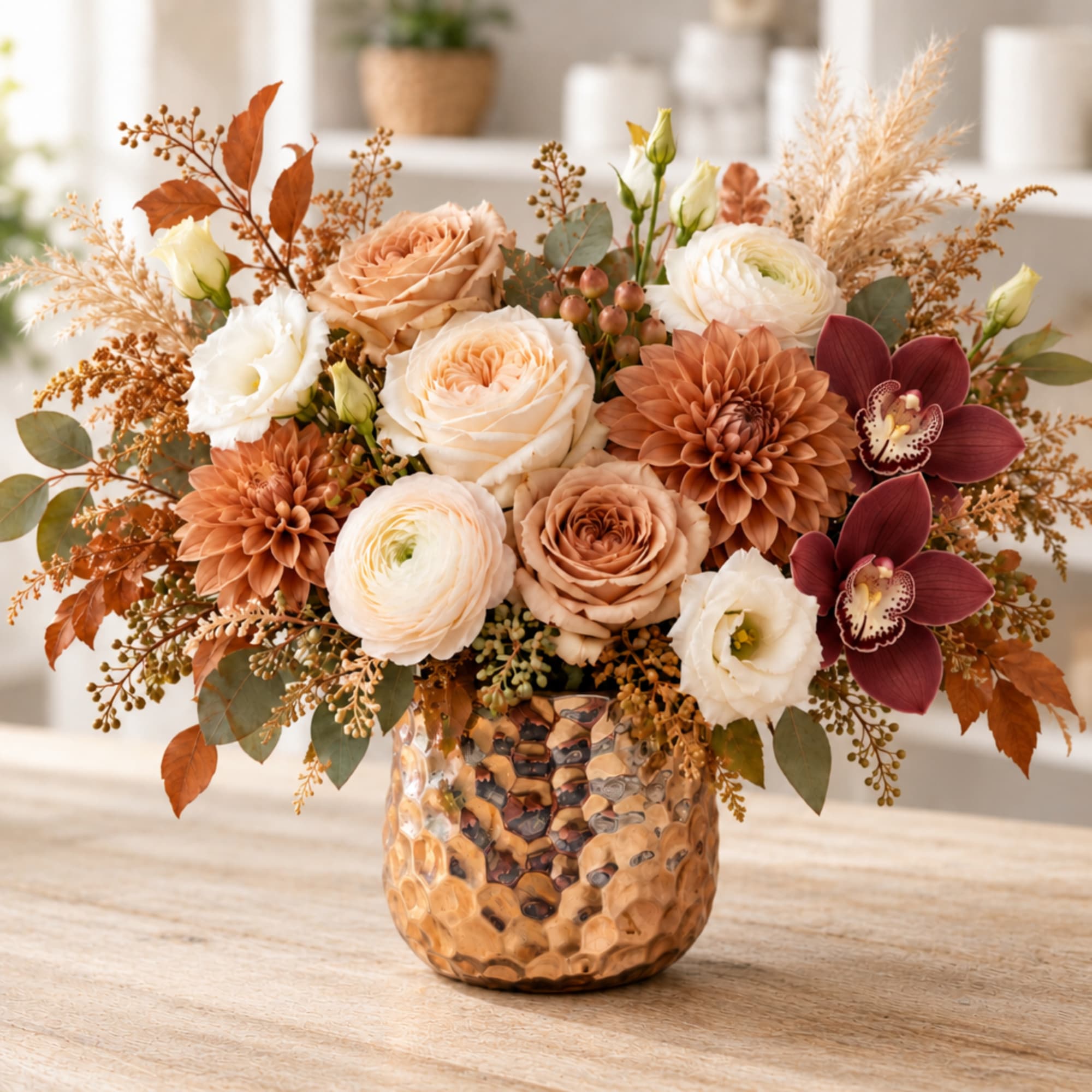 Autumn bouquet of peach, white, and burgundy flowers in a hammered gold vase