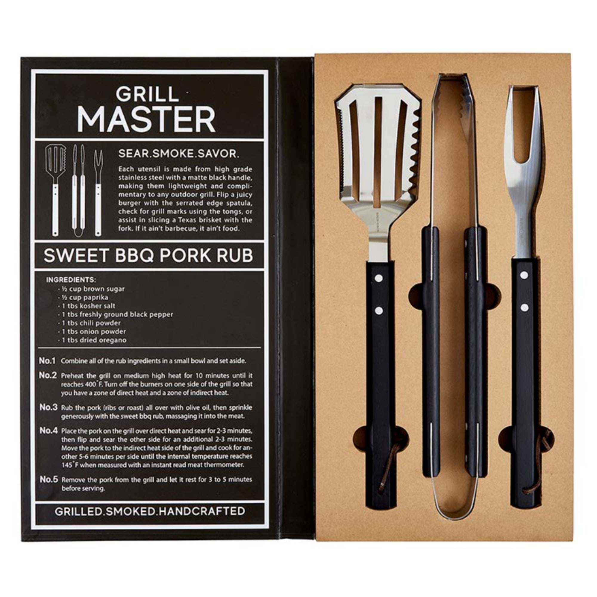 Grill master utensil set in a gift box with spatula, tongs, and fork