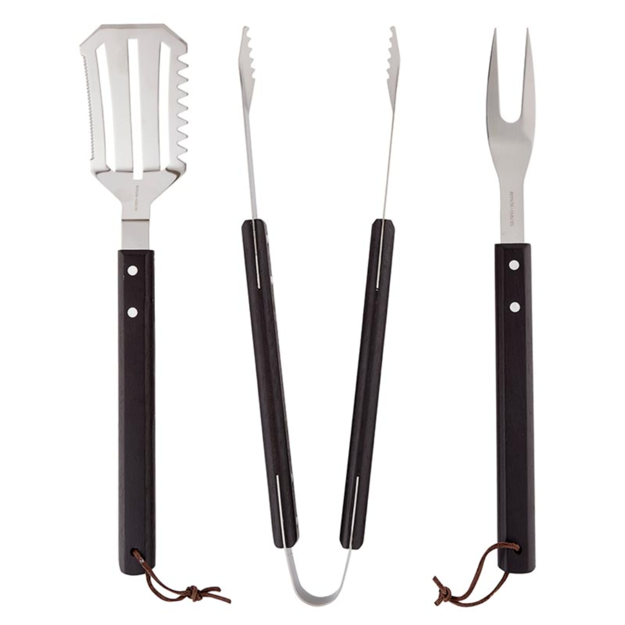 Set of stainless steel grill tools with dark wooden handles