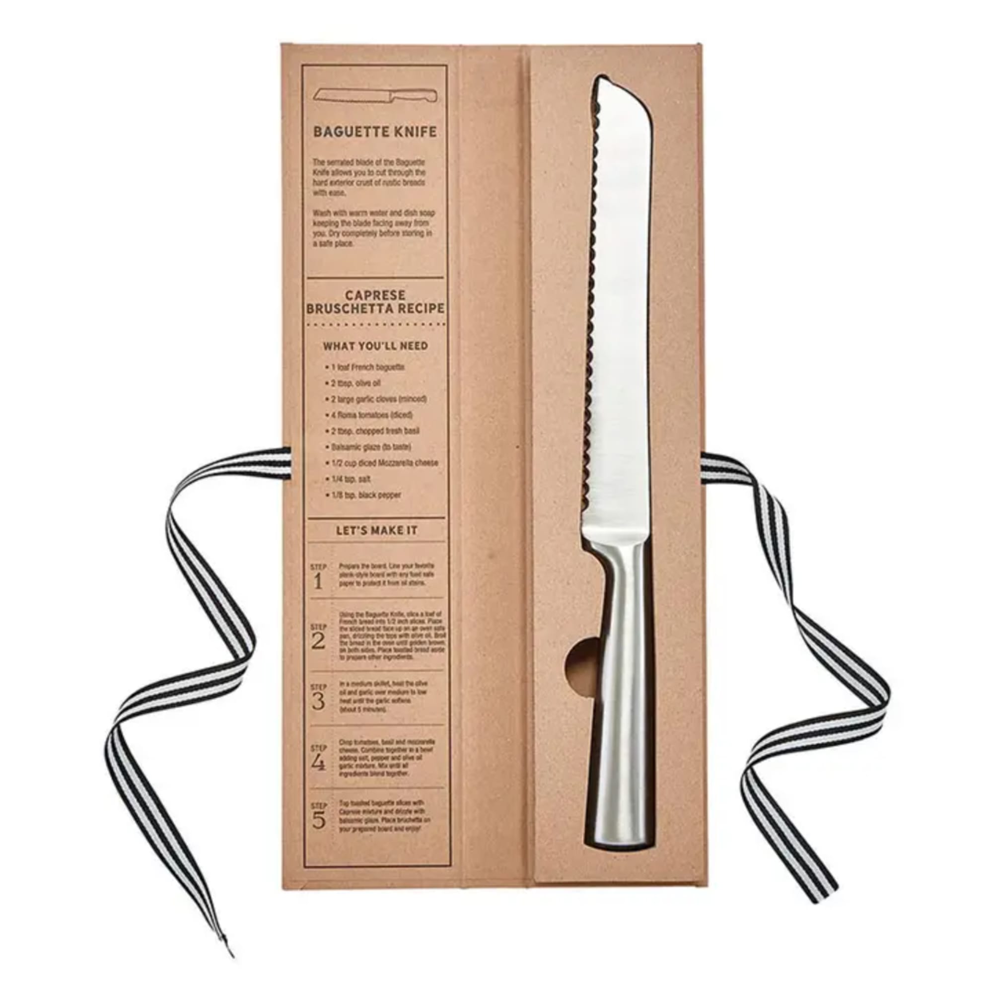 Baguette knife in a cardboard gift box with a striped ribbon
