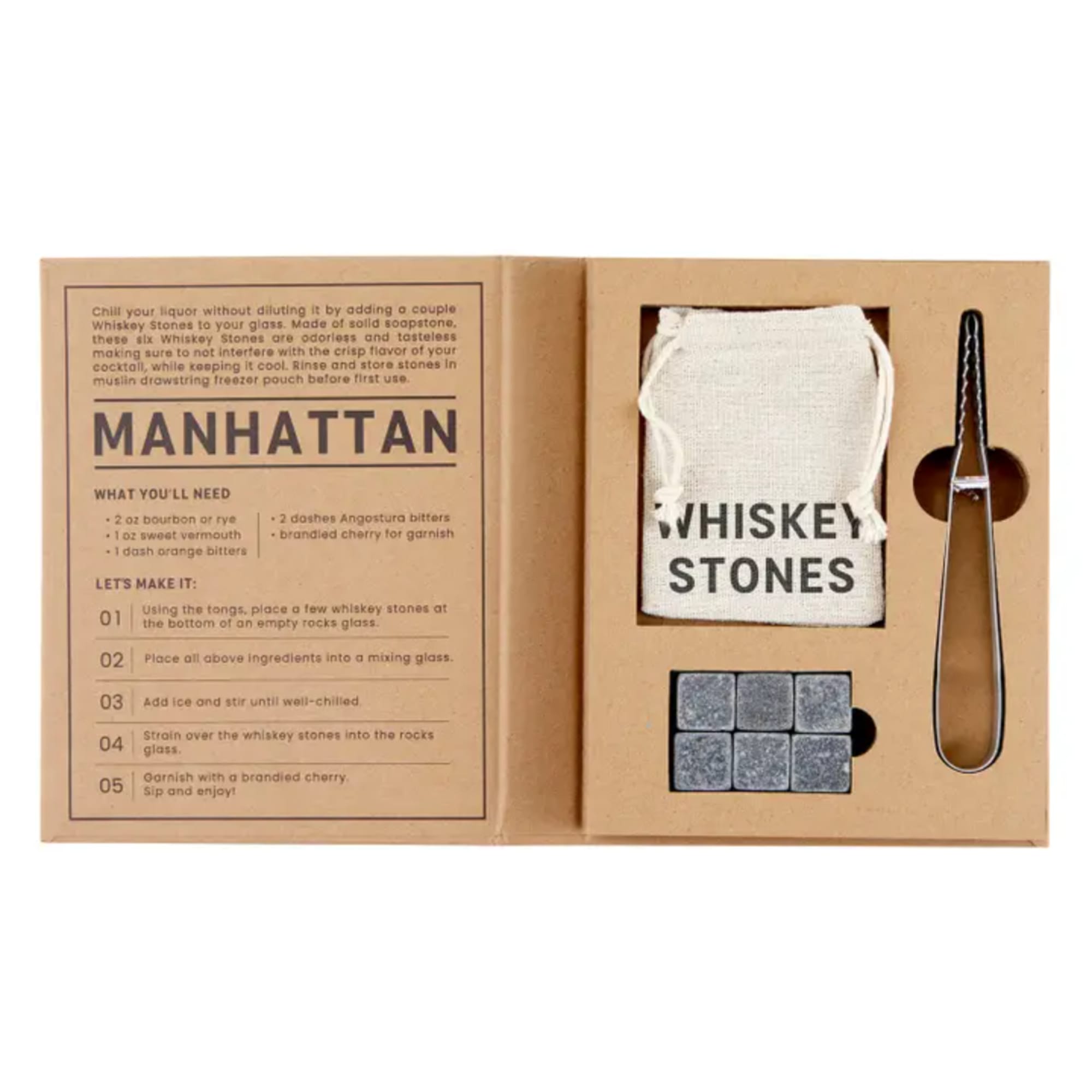 Manhattan cocktail gift set with whiskey stones and tongs in a cardboard box