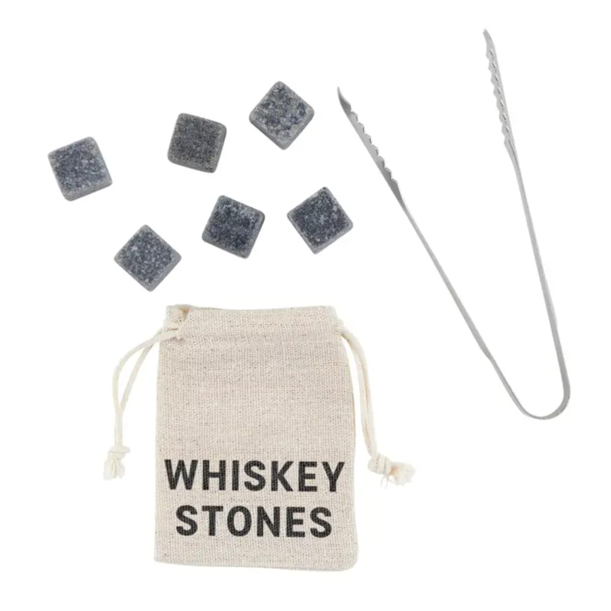 Whiskey stones in a drawstring pouch with metal tongs