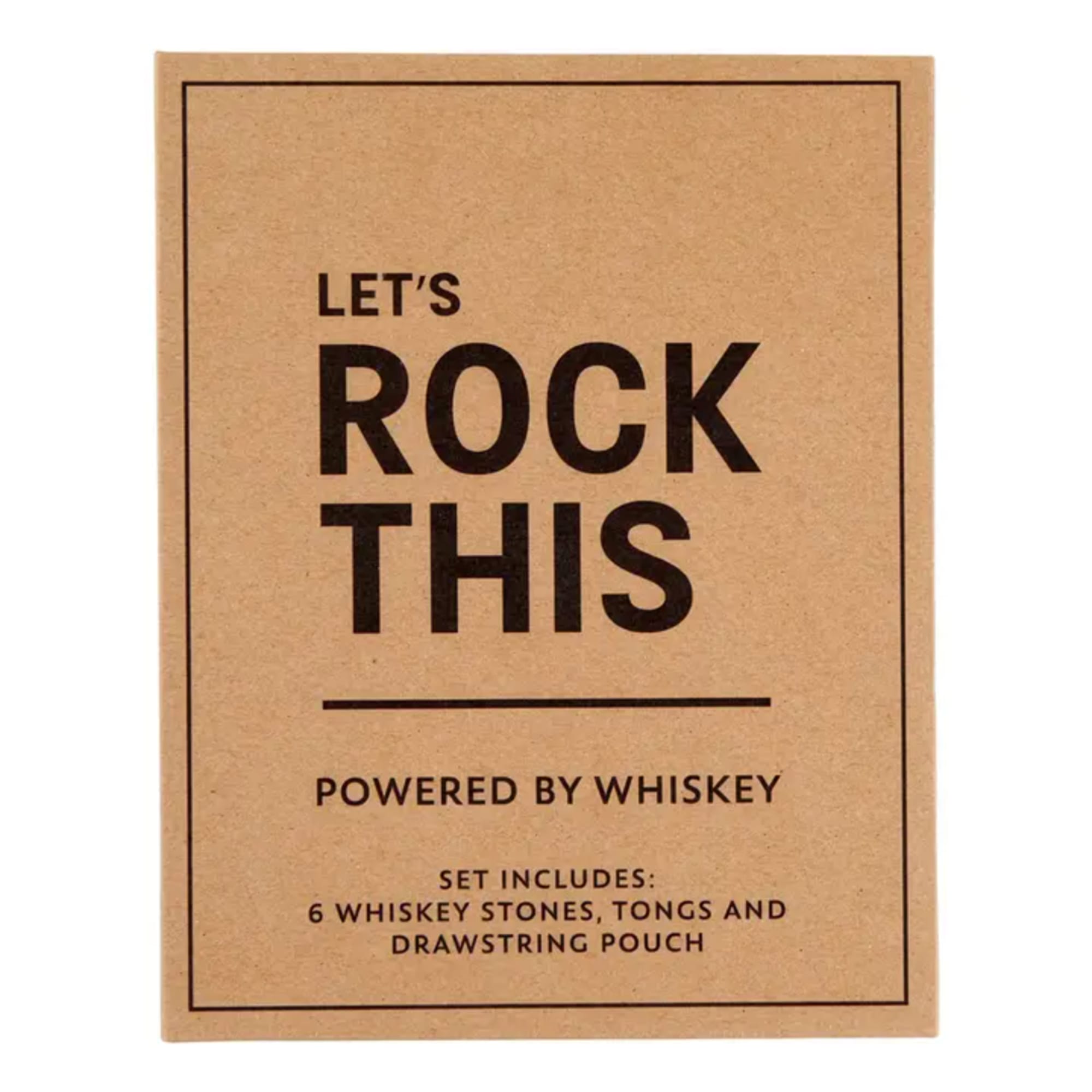 Cardboard gift box labeled "Let's Rock This" powered by whiskey