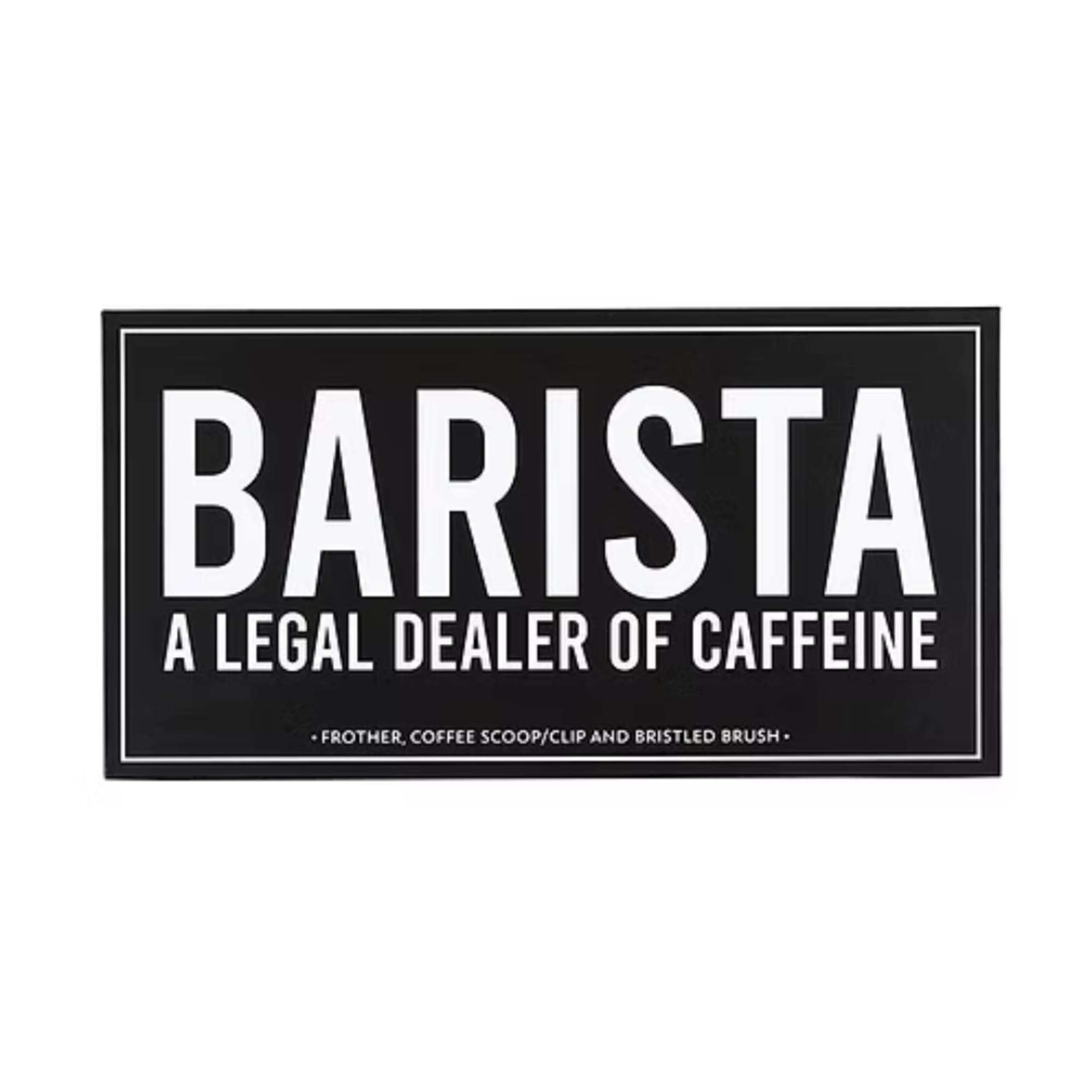 Black sign with white text reading BARISTA