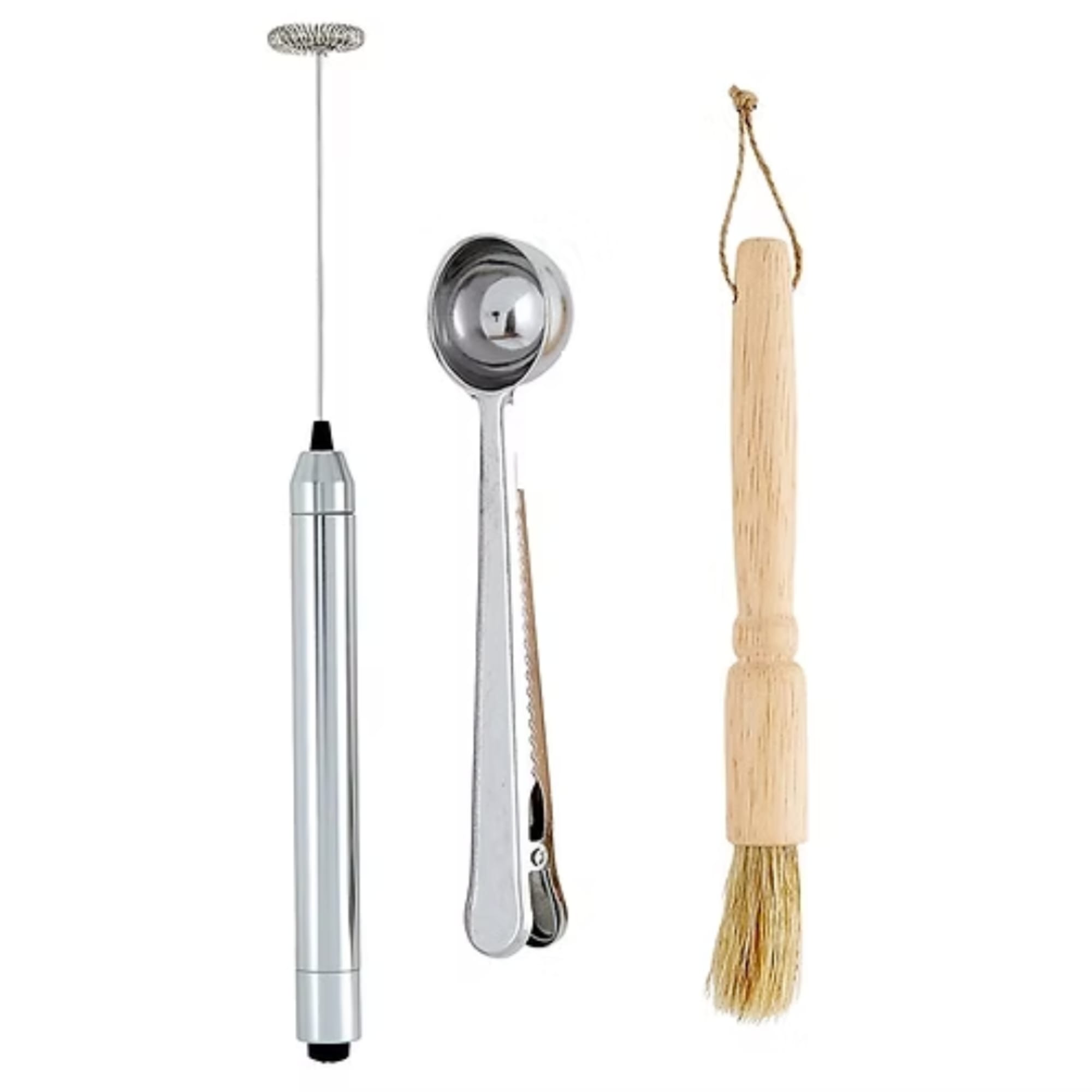 Three small kitchen tools on a white background, including a whisk and spoon