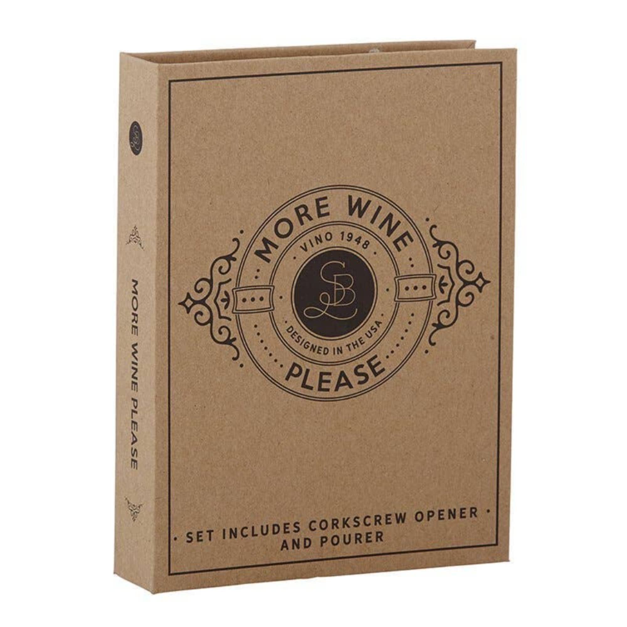Brown gift box labeled "More Wine Please" with corkscrew opener and pourer