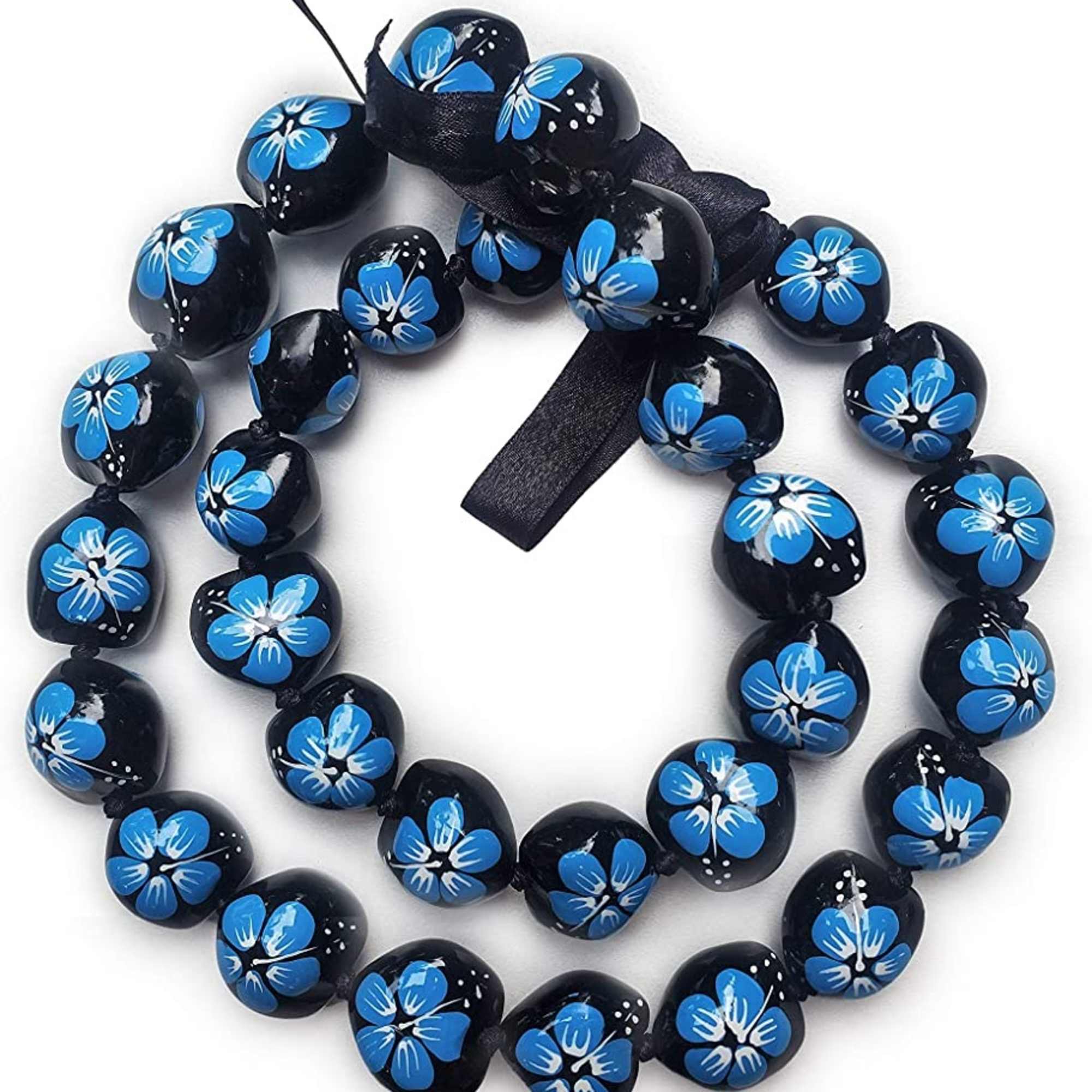 Black beaded necklace with blue flower patterns and a ribbon tie