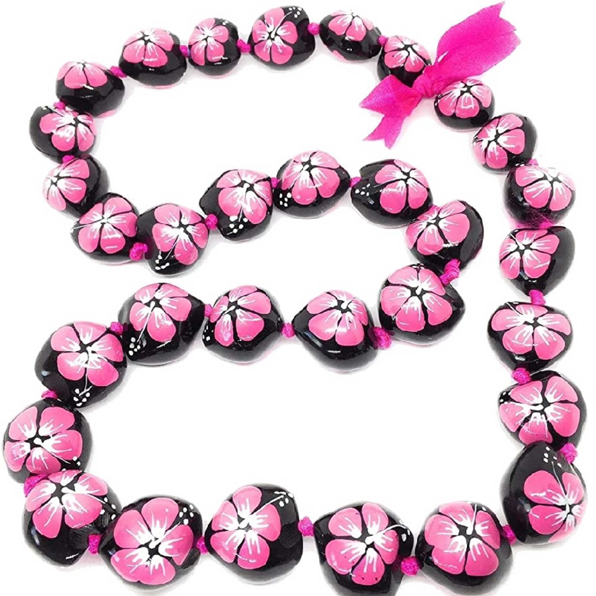 Pink flower-painted bead necklace on a white background