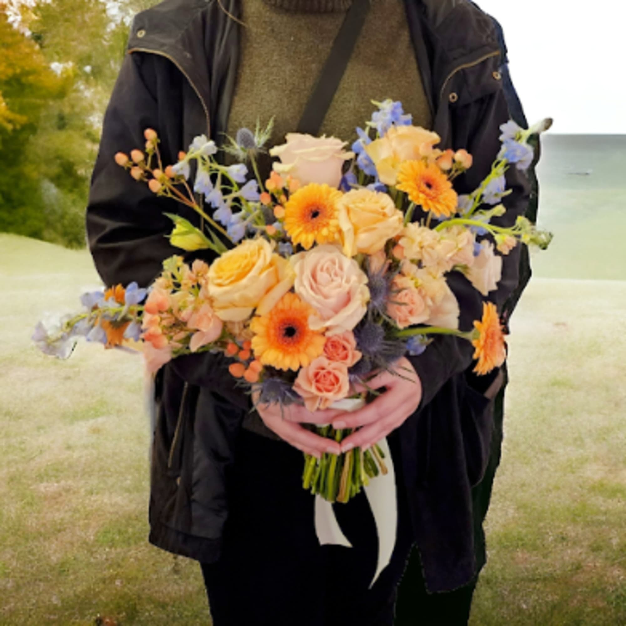 Person holding a bouquet of peach, pink, and orange flowers