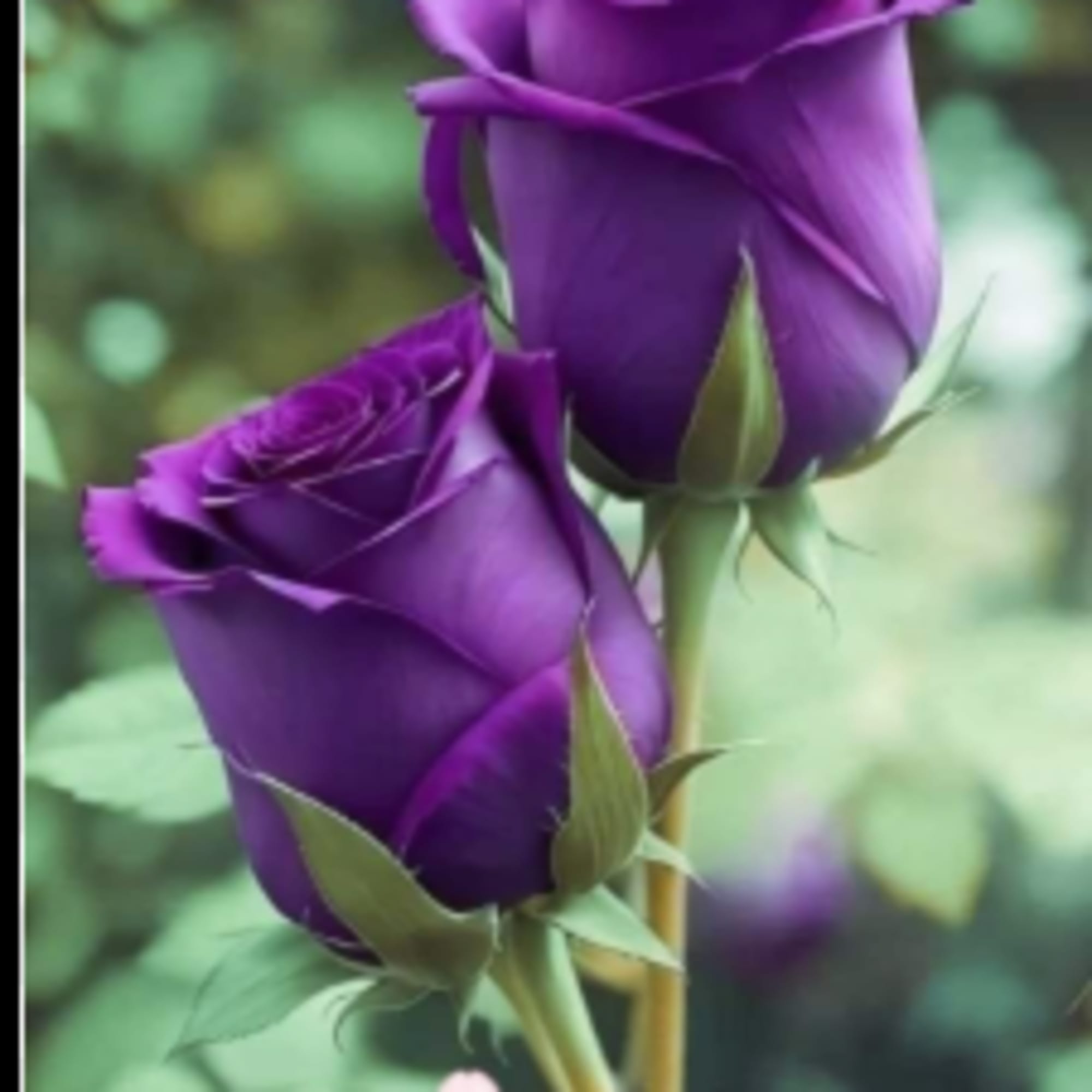 Two purple roses on long stems against a blurred green background