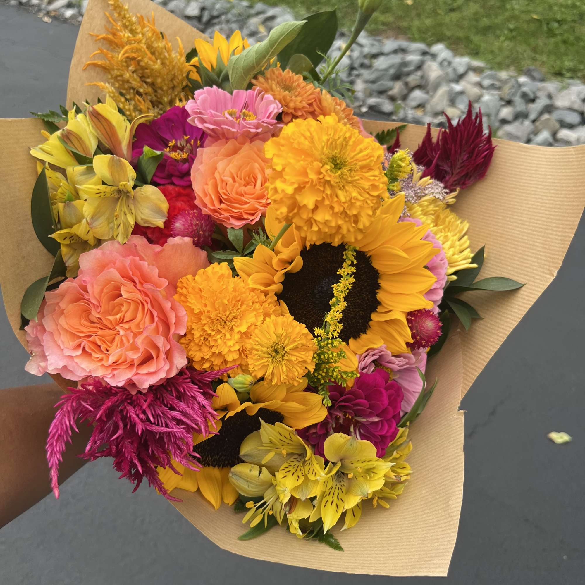 This arrangement is a wrapped bouquet with a mix of beautiful fall, photo 2 of 2