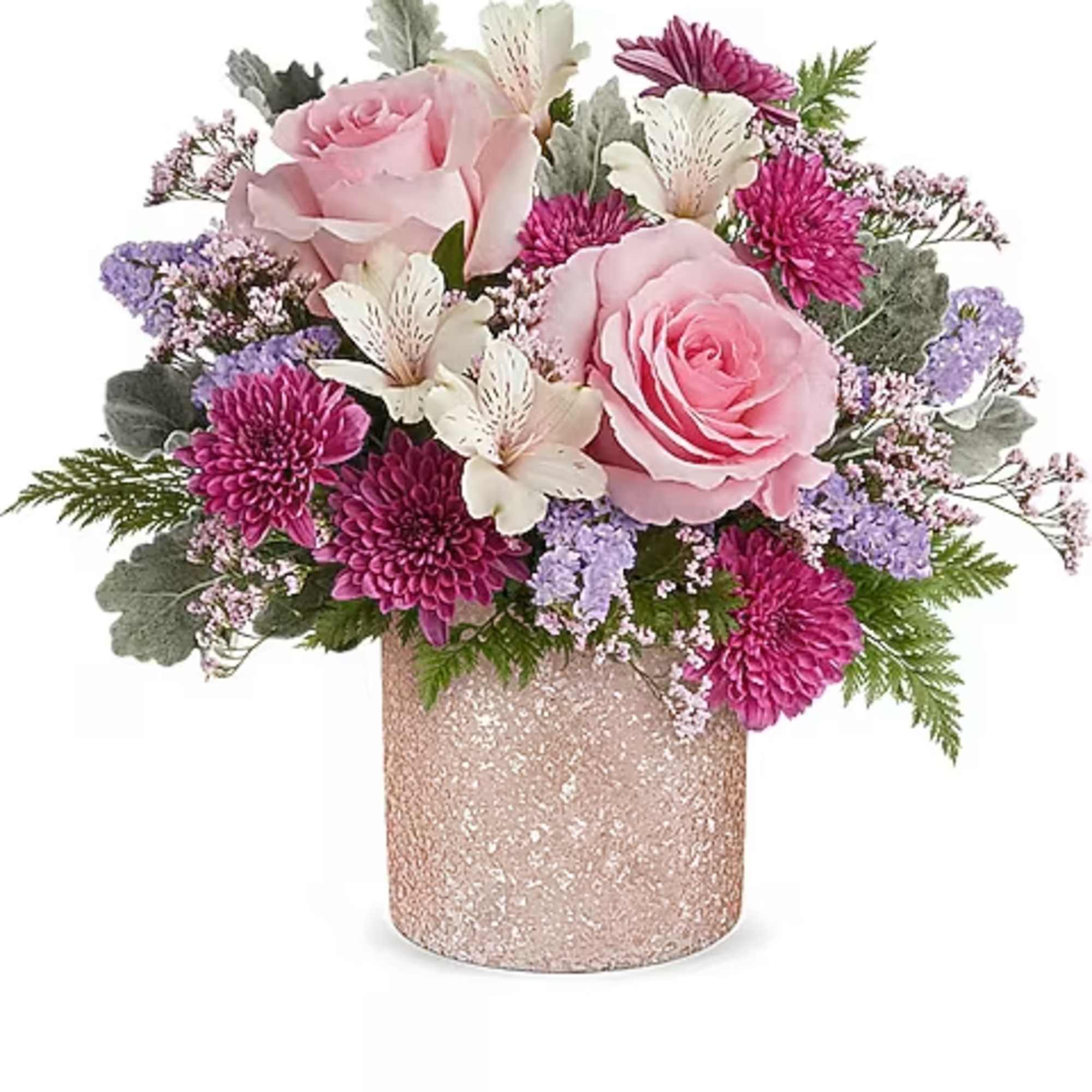 Pink roses and purple mums in a glittery vase