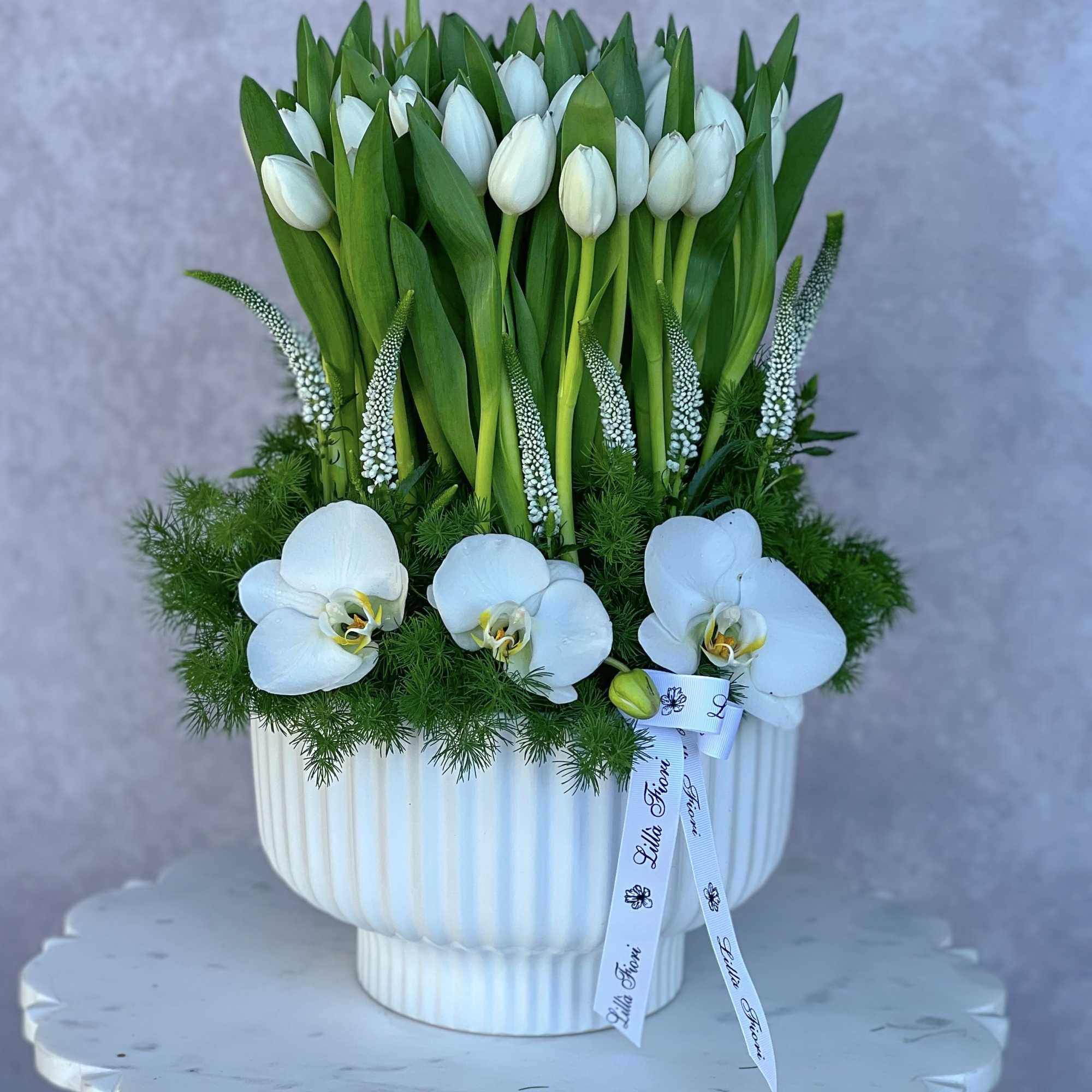 White tulips and orchids arranged in a white pedestal vase
