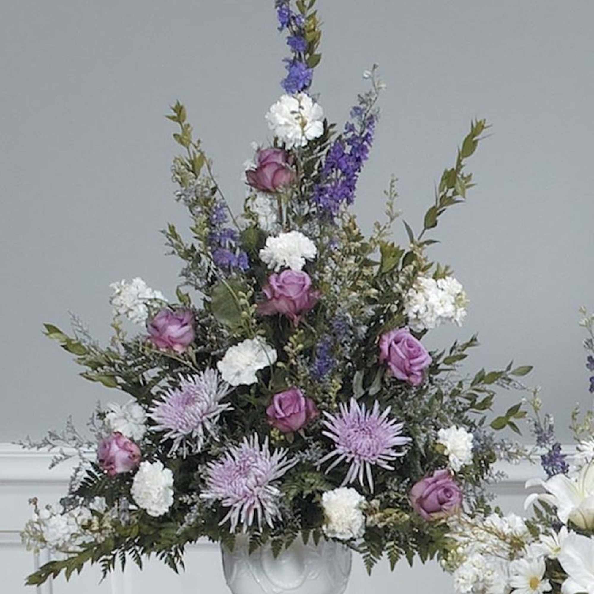 Lovely lavender roses and spider mums with purple larkspur and white carnations, photo 2 of 2