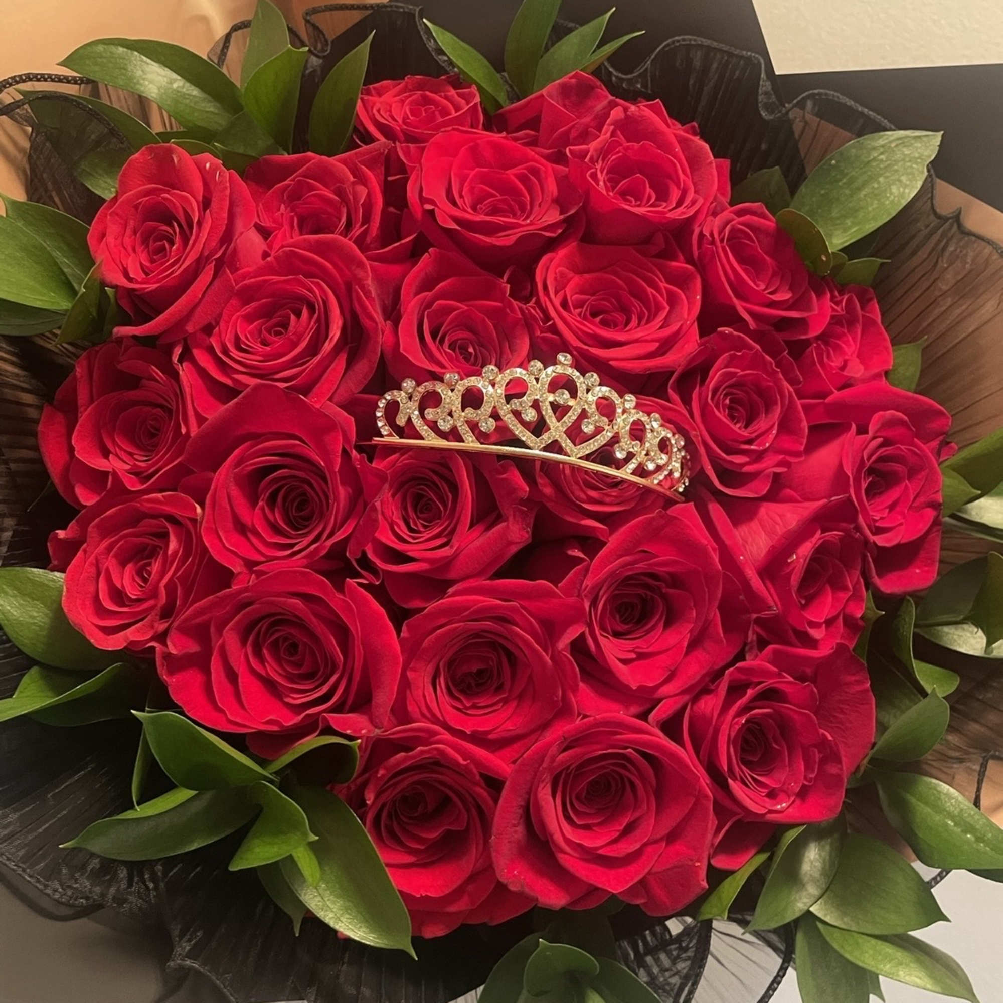 Bouquet of red roses with a jeweled tiara on top, photo 2 of 2