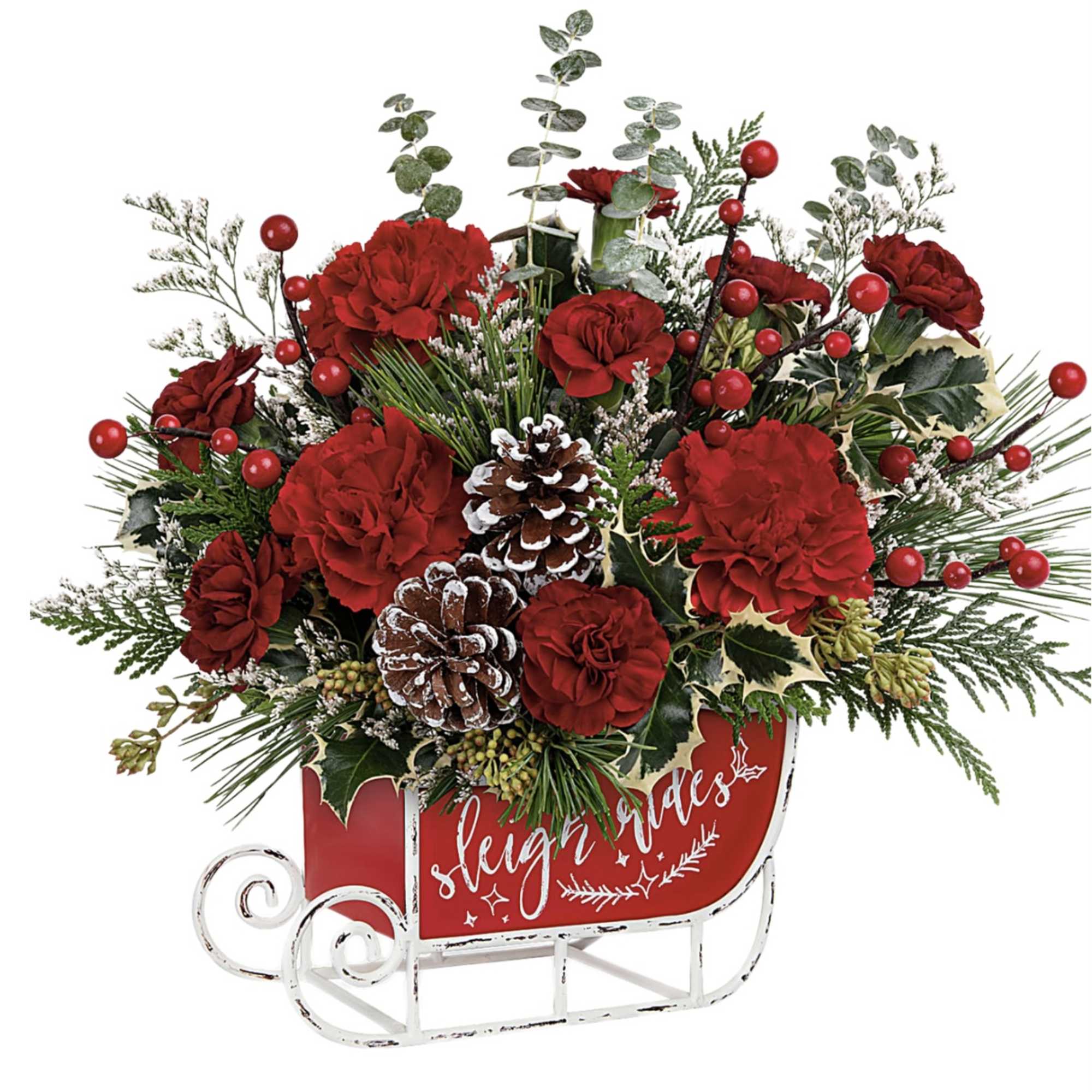 Red carnations and pinecones in a sleigh-shaped container