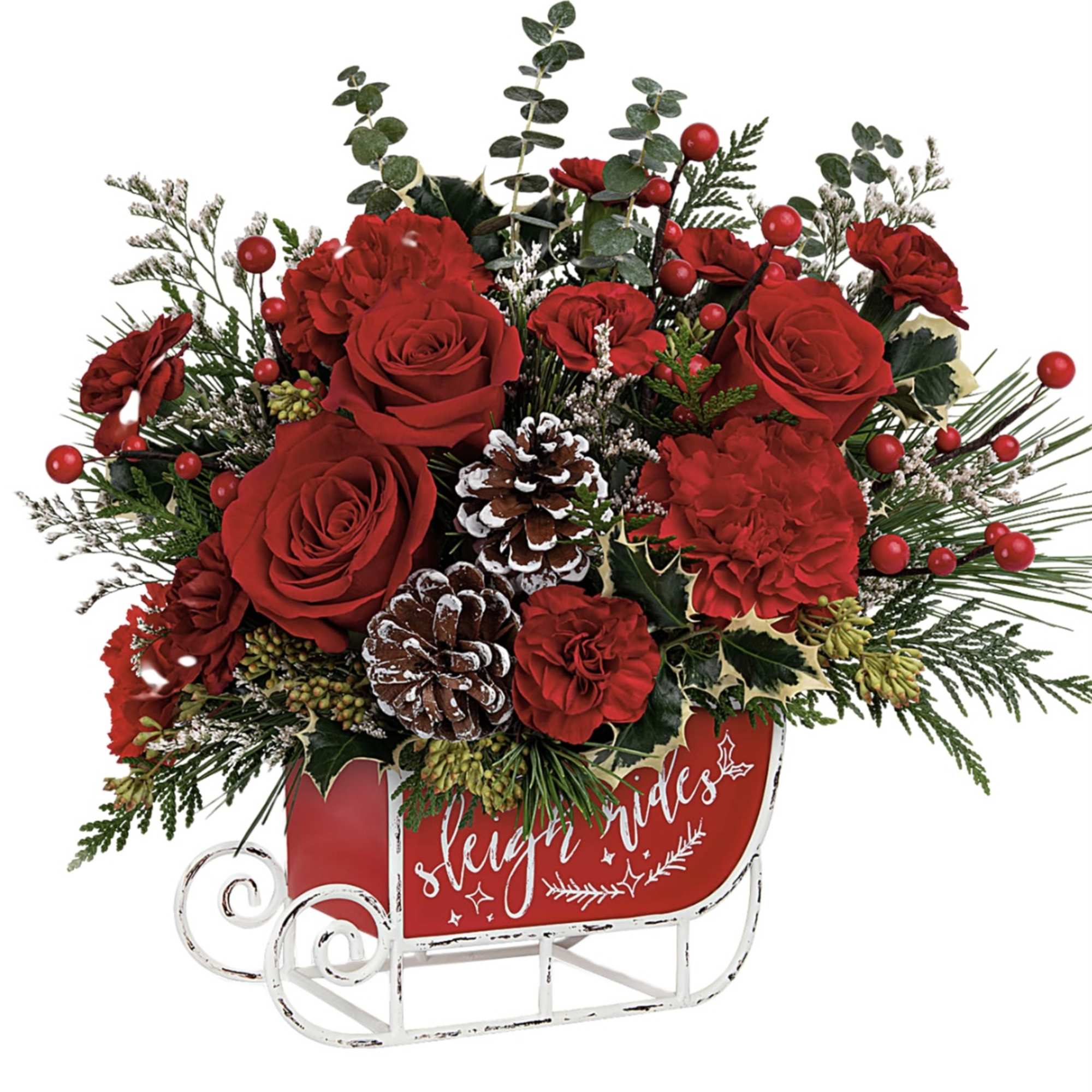 Red roses and carnations in a sleigh-shaped container