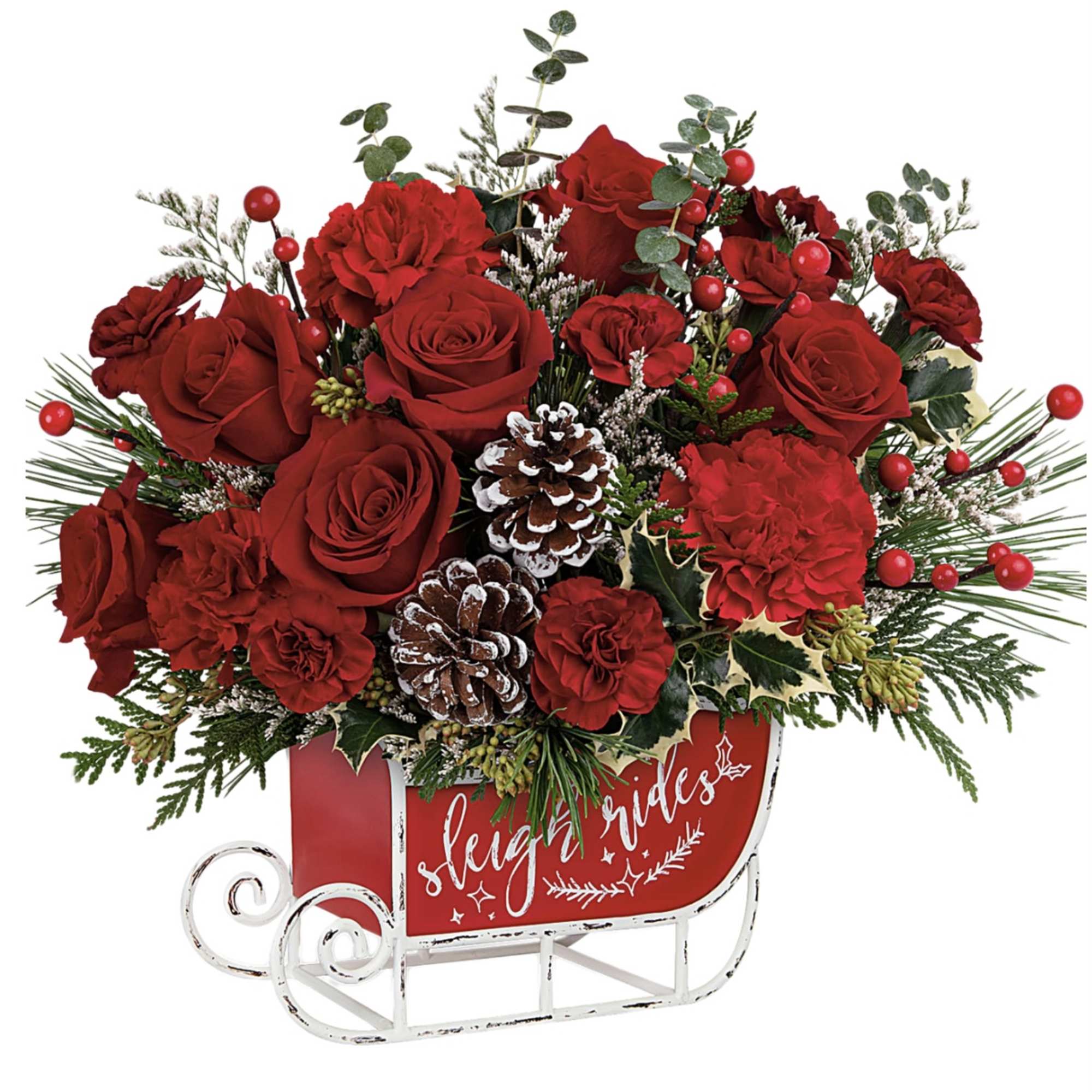 Red rose arrangement in a sleigh-shaped container with pinecones