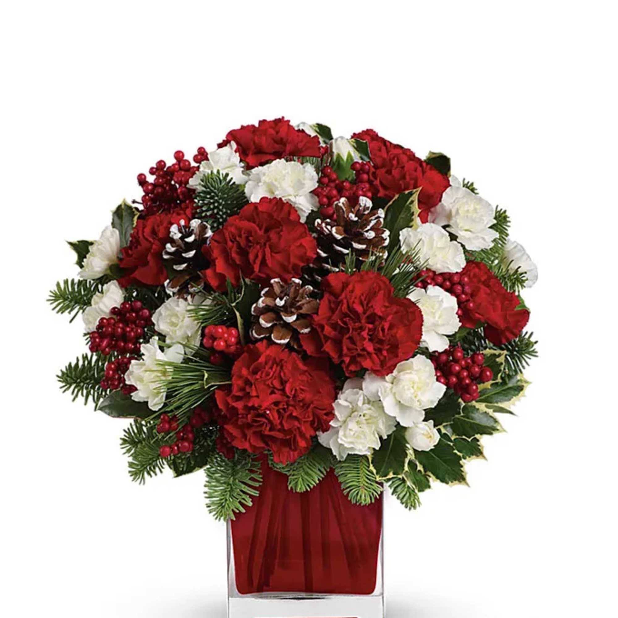 Red and white carnations in a red glass vase with pinecones
