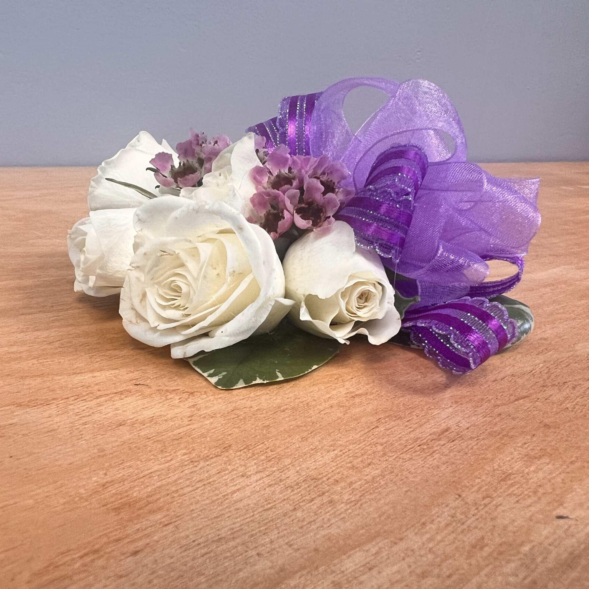 Lavender Corsage, with white spray roses, wax, and lavender ribbon., photo 3 of 3