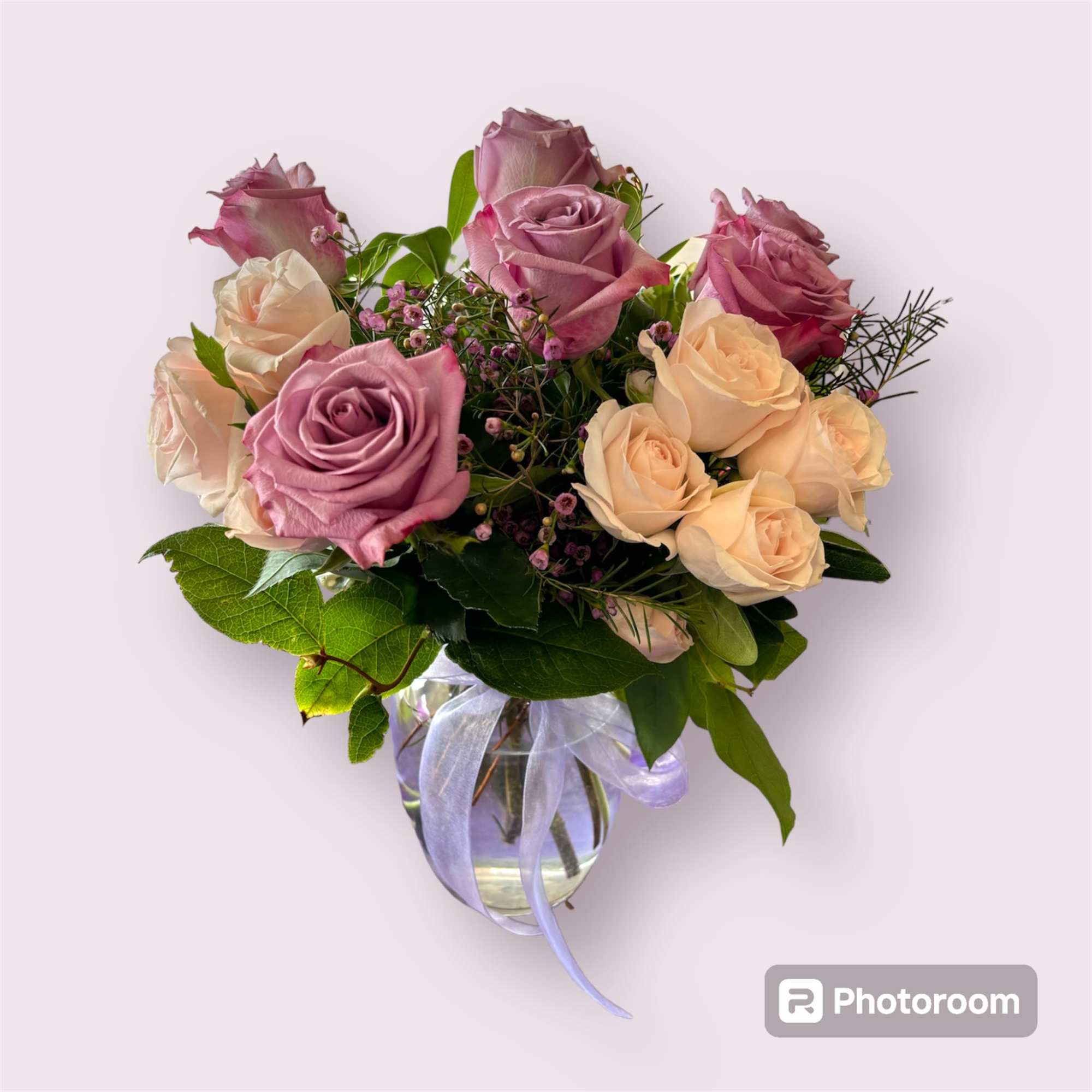 Lavender roses, pink spray roses and pink wax flower., photo 2 of 2