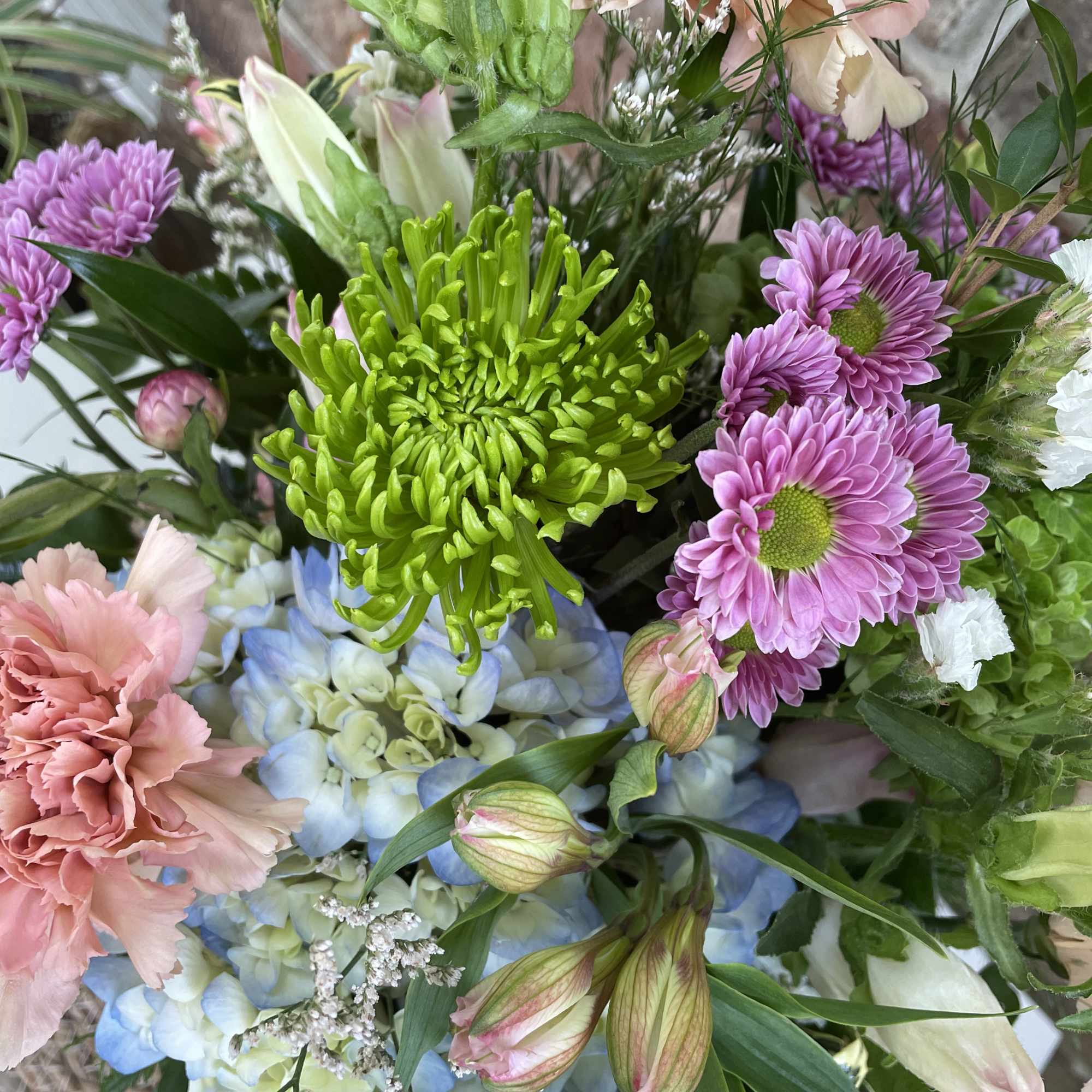 Mixed bouquet with green chrysanthemums, pink carnations, and blue hydrangea