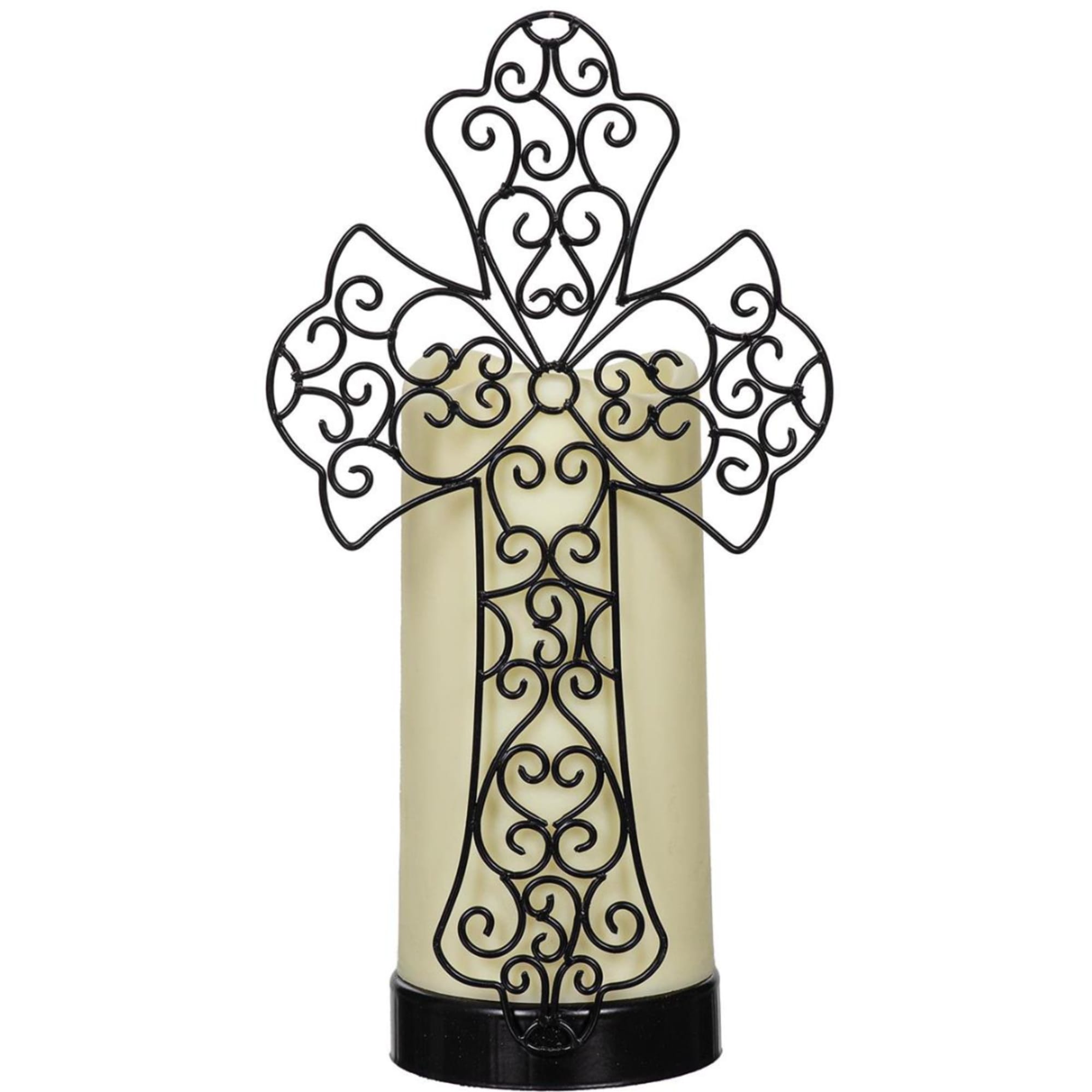 Cream pillar candle with a black decorative metal cross holder