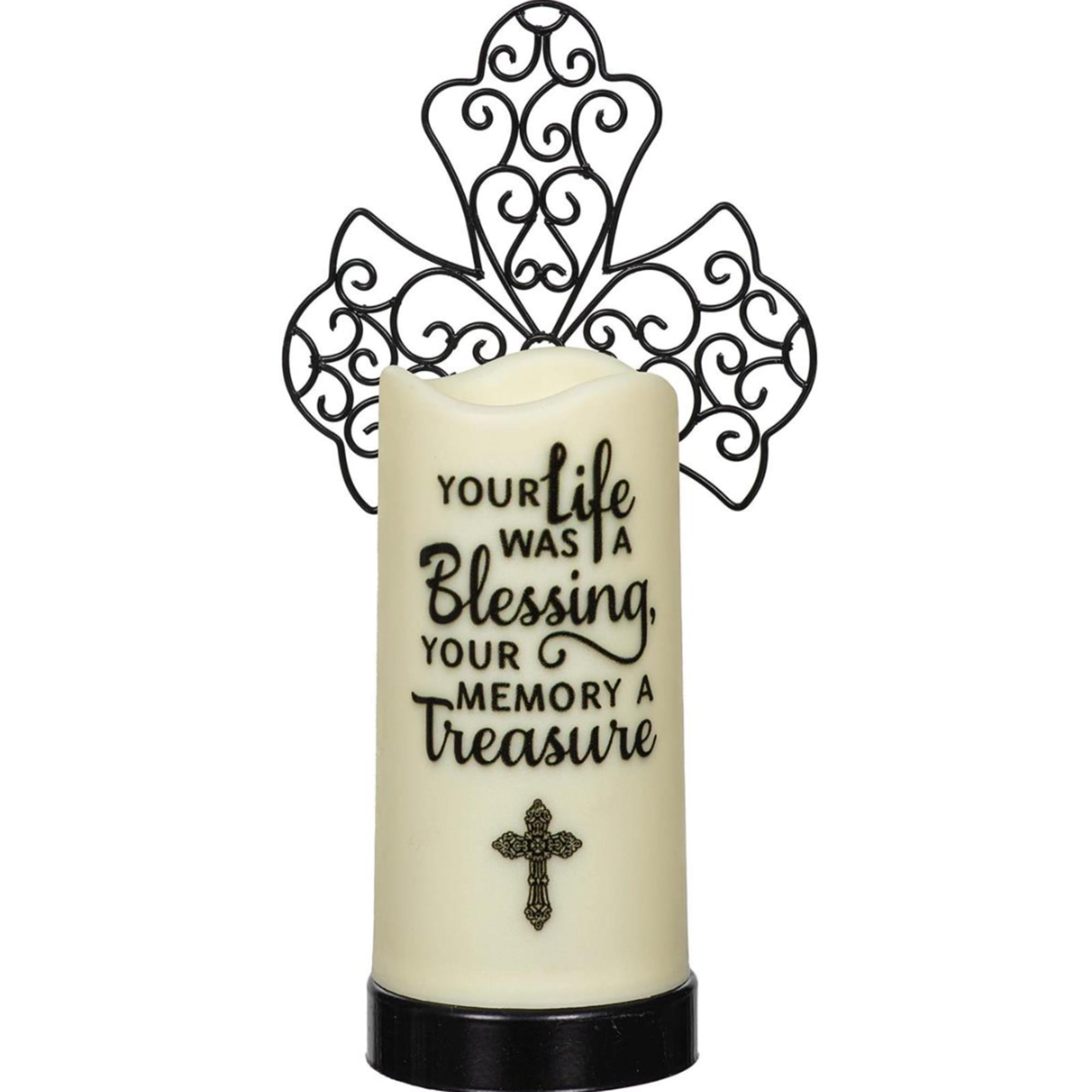 Memorial candle with a decorative black metal backplate