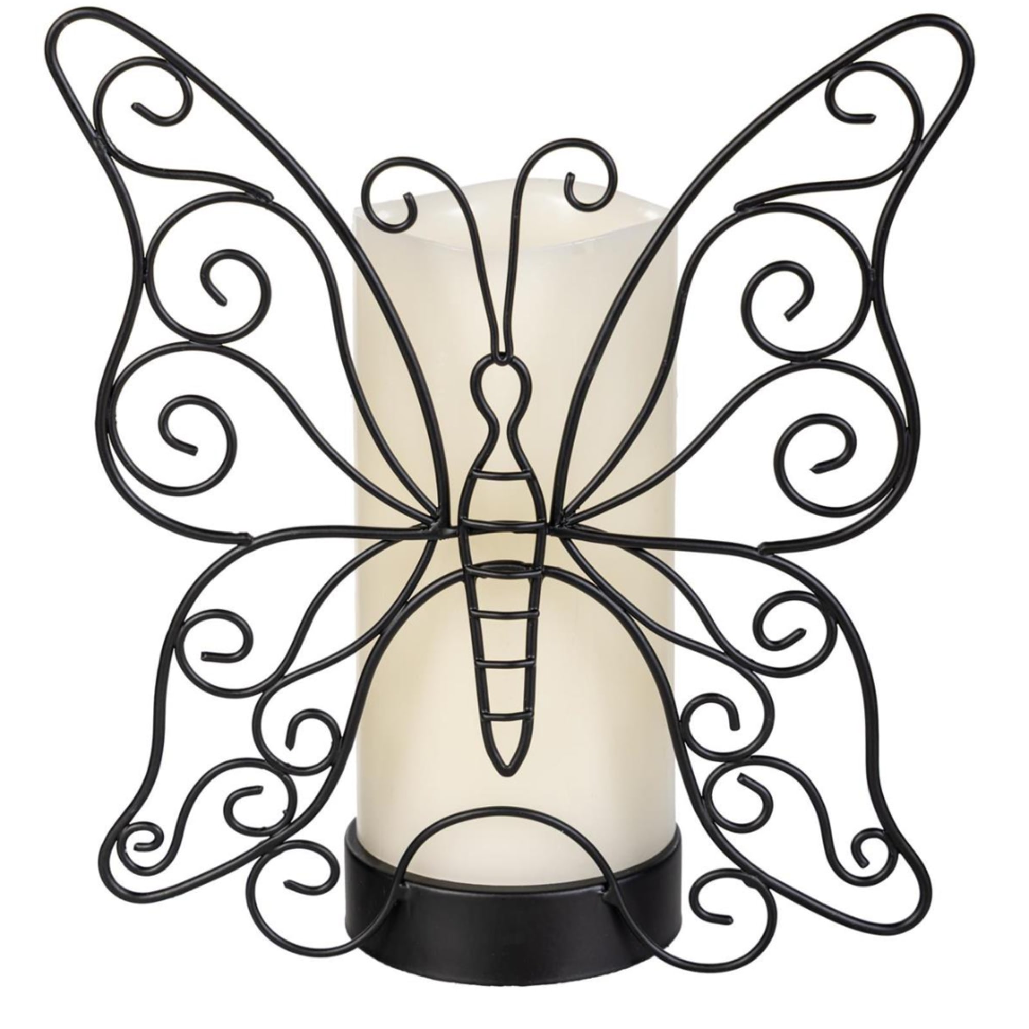 Butterfly-shaped black metal candle holder with a cream pillar candle