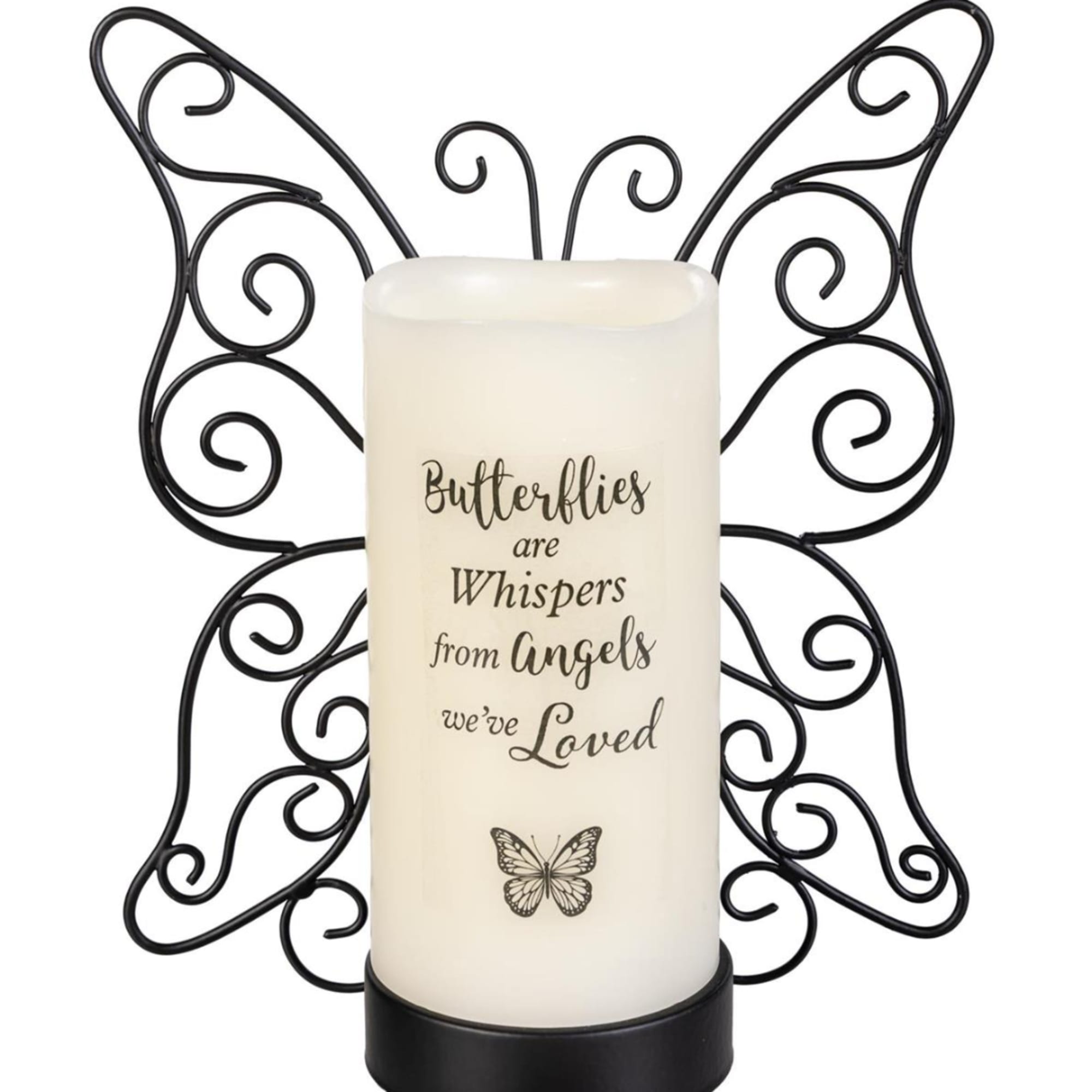 Butterfly memorial candle holder with a cream candle and black metal wings