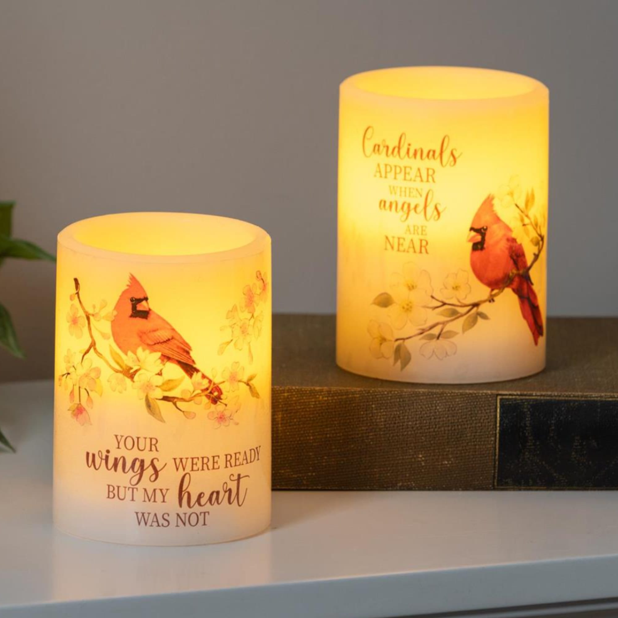 Two glowing memorial candles with cardinal designs and sympathy text