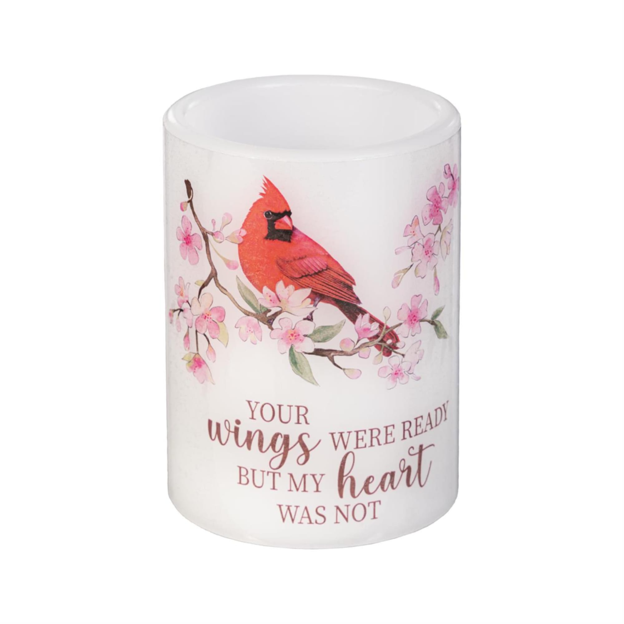 White memorial candle with a cardinal and pink blossoms