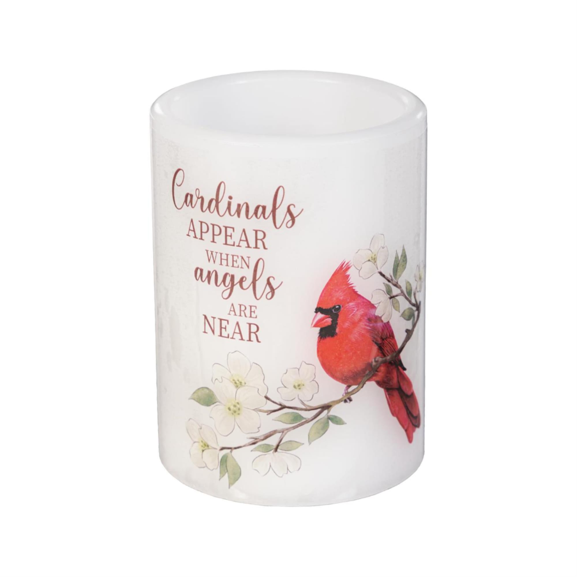 White candle holder with a cardinal and floral design and the words "Cardinals appear when angels are near"