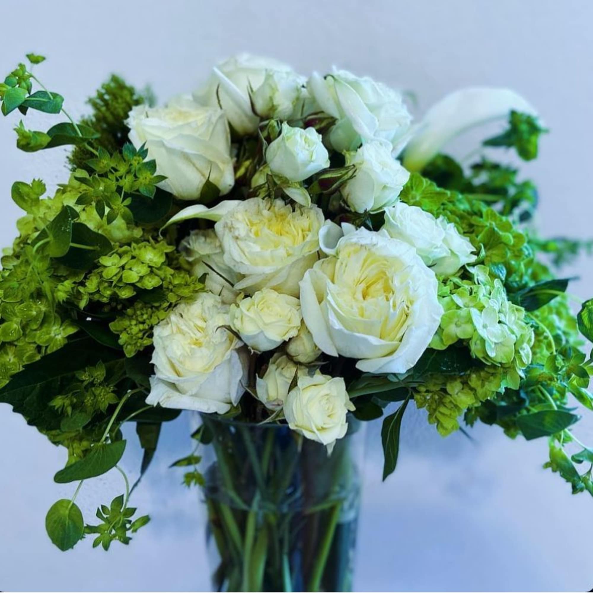 White roses and green hydrangeas in a glass vase