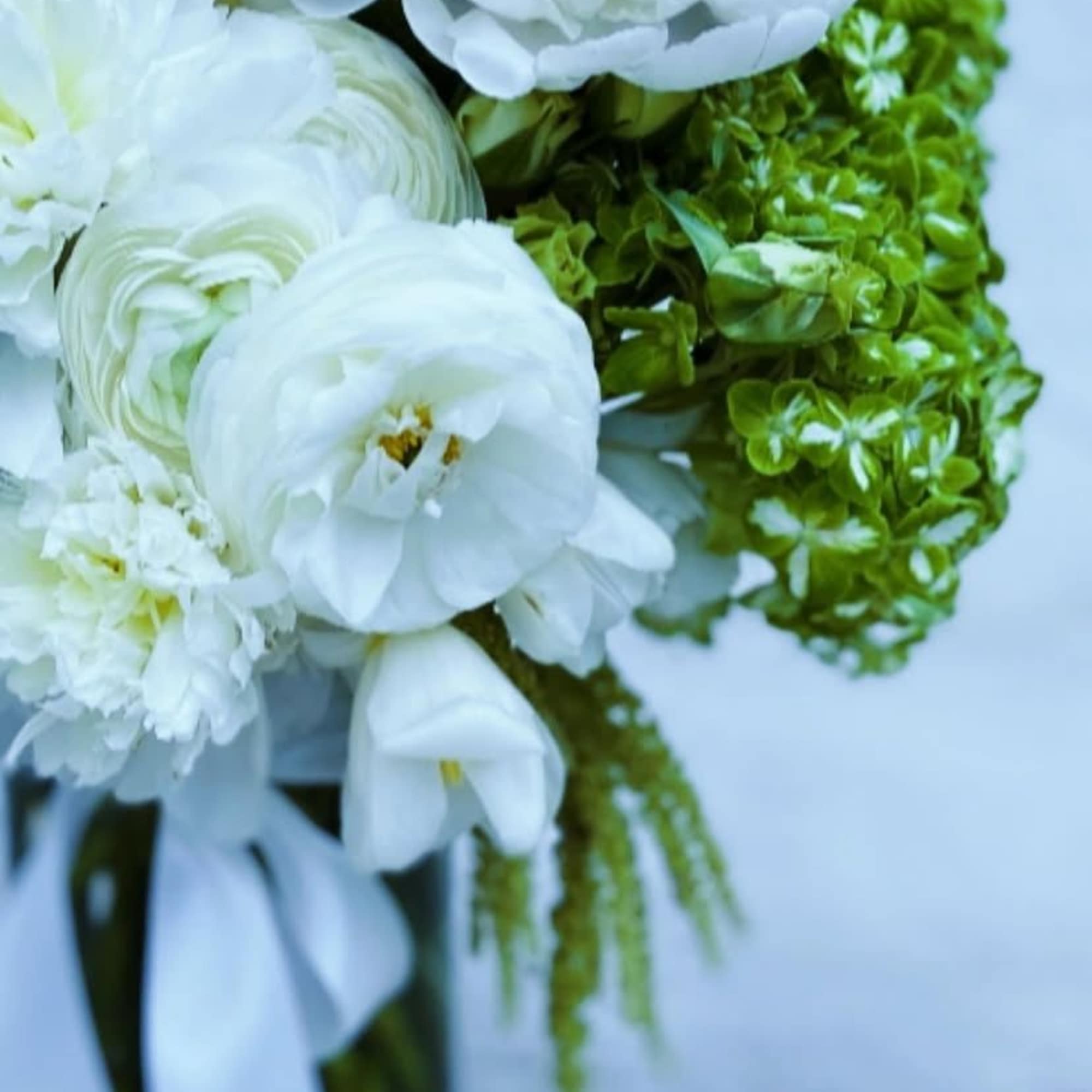 White bouquet with peonies and green hydrangeas tied with a white ribbon